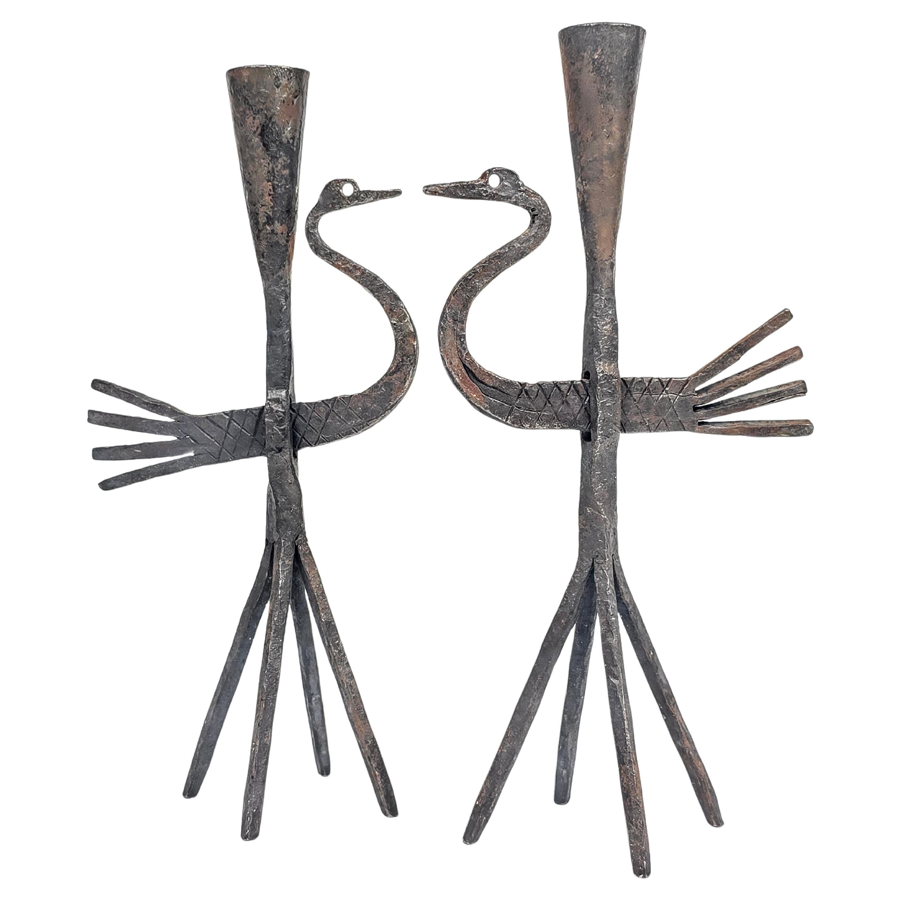 1950s Wrought Iron Bird Candelstick from Jean Touret , Atelier Marolles, France For Sale