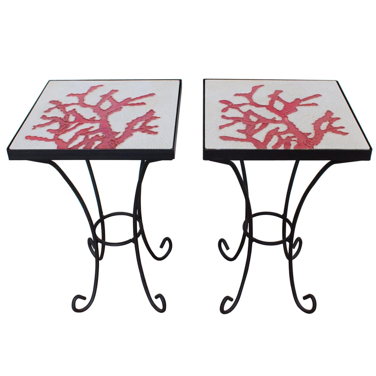 1950s Wrought Iron Ceramic Tile Side Coffee Table, a Pair
