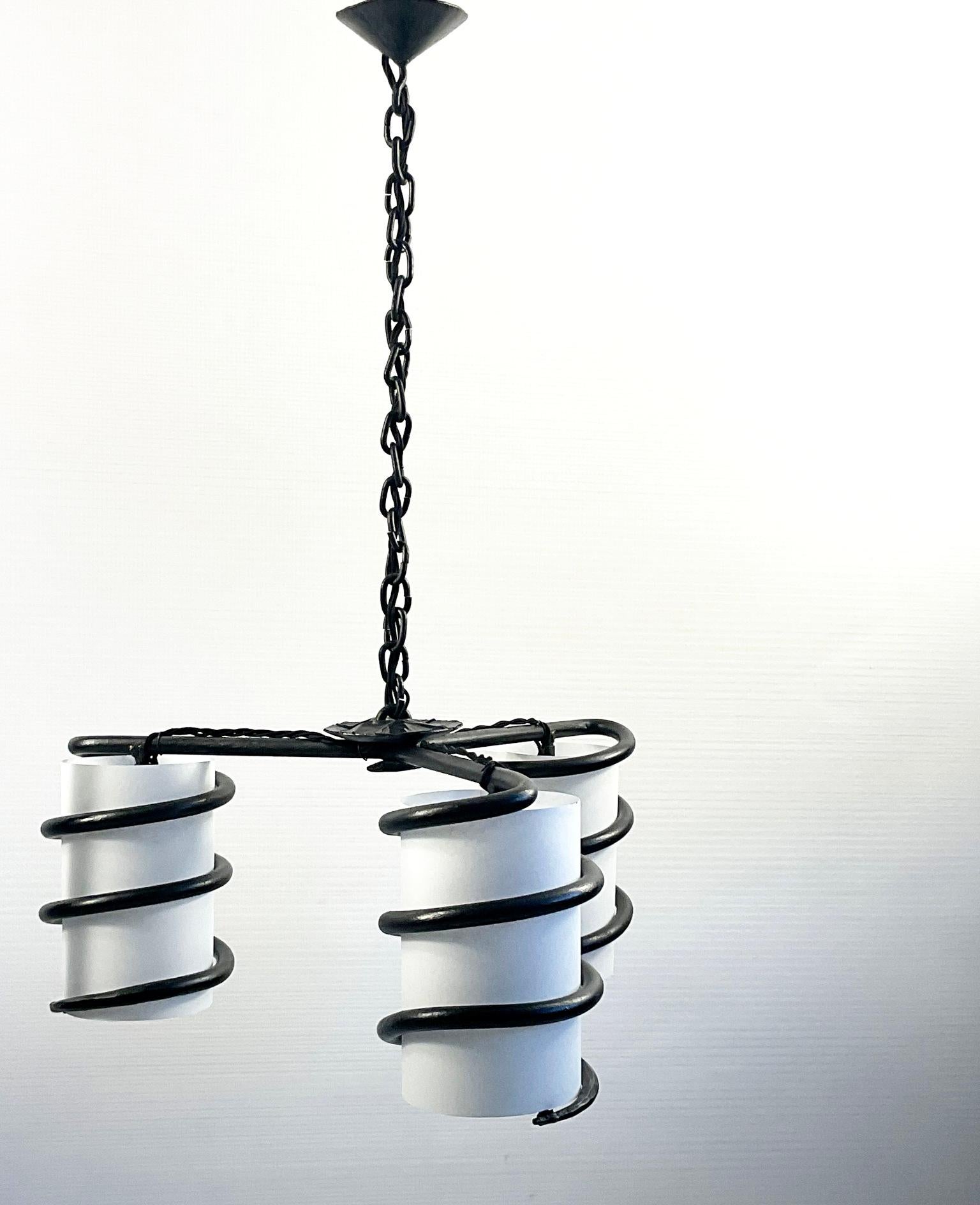 Hand-Crafted 1950s Wrought Iron Chandelier Attributed to Jean Touret and the Atelier Marolles