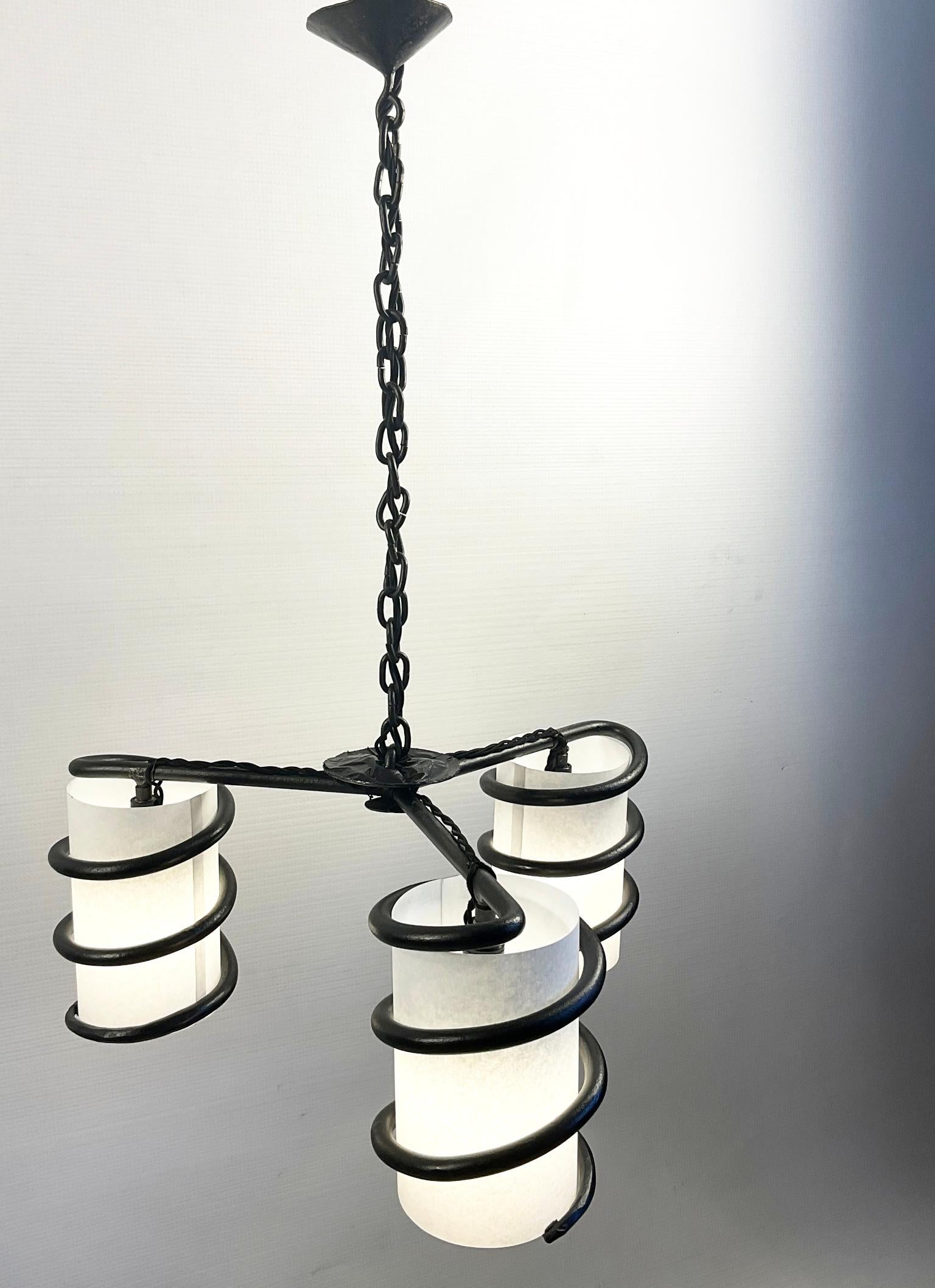 Mid-20th Century 1950s Wrought Iron Chandelier Attributed to Jean Touret and the Atelier Marolles
