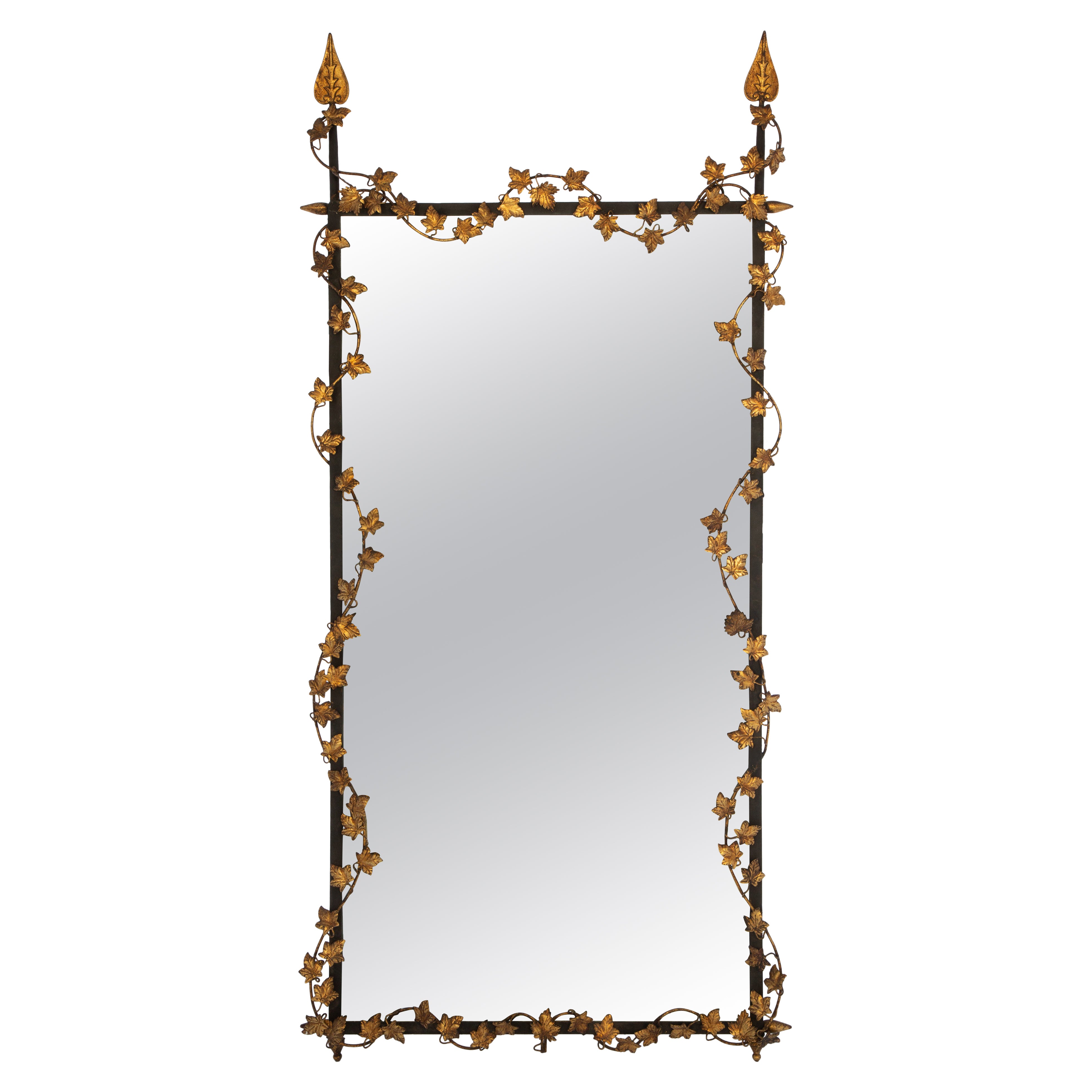 1950s Wrought Iron Mirror with Gilded Iron Foliate Vine Frame by Palladio