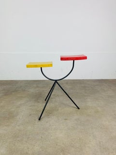 1950's wrought iron plant stand/side table, red and yellow wood