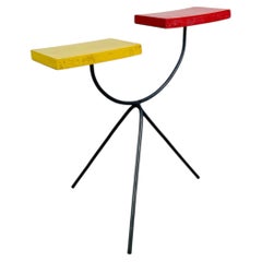 1950's wrought iron plant stand/side table, red and yellow wood