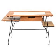 1950s Wrought Iron, Walnut, and Rush Desk by Arthur Umanoff