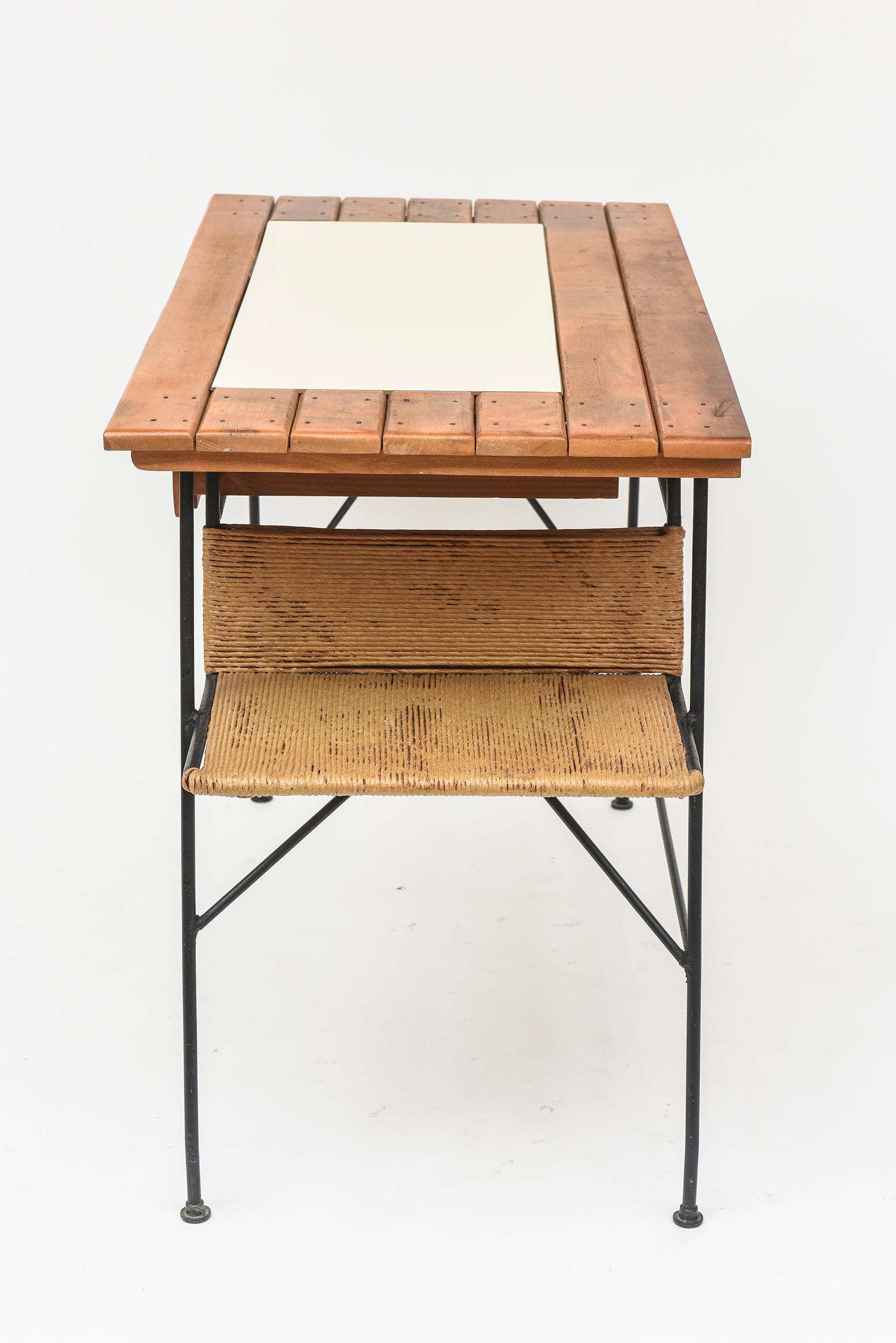 Mid-Century Modern 1950s Wrought Iron, Walnut, and Rush Desk by Arthur Umanoff For Sale