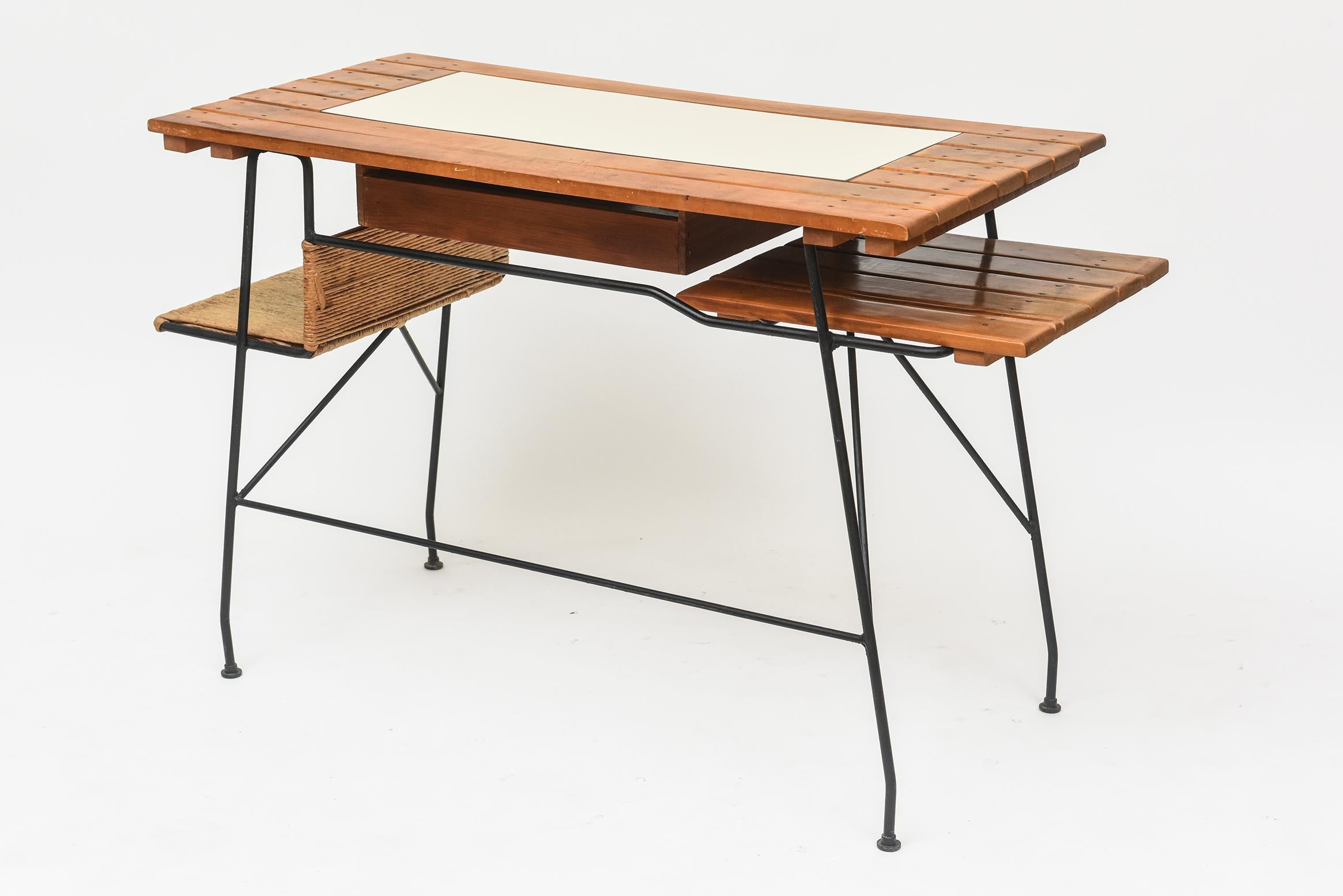 American 1950s Wrought Iron, Walnut, and Rush Desk by Arthur Umanoff For Sale