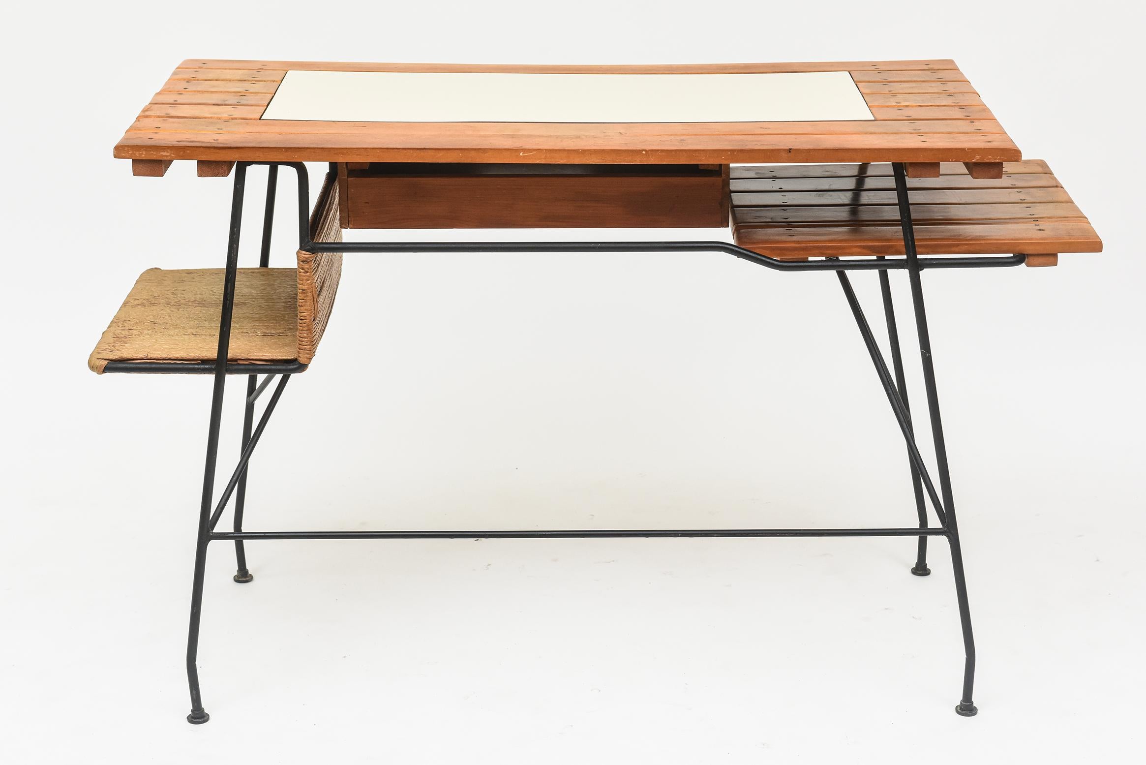 1950s Wrought Iron, Walnut, and Rush Desk by Arthur Umanoff In Good Condition For Sale In North Miami, FL