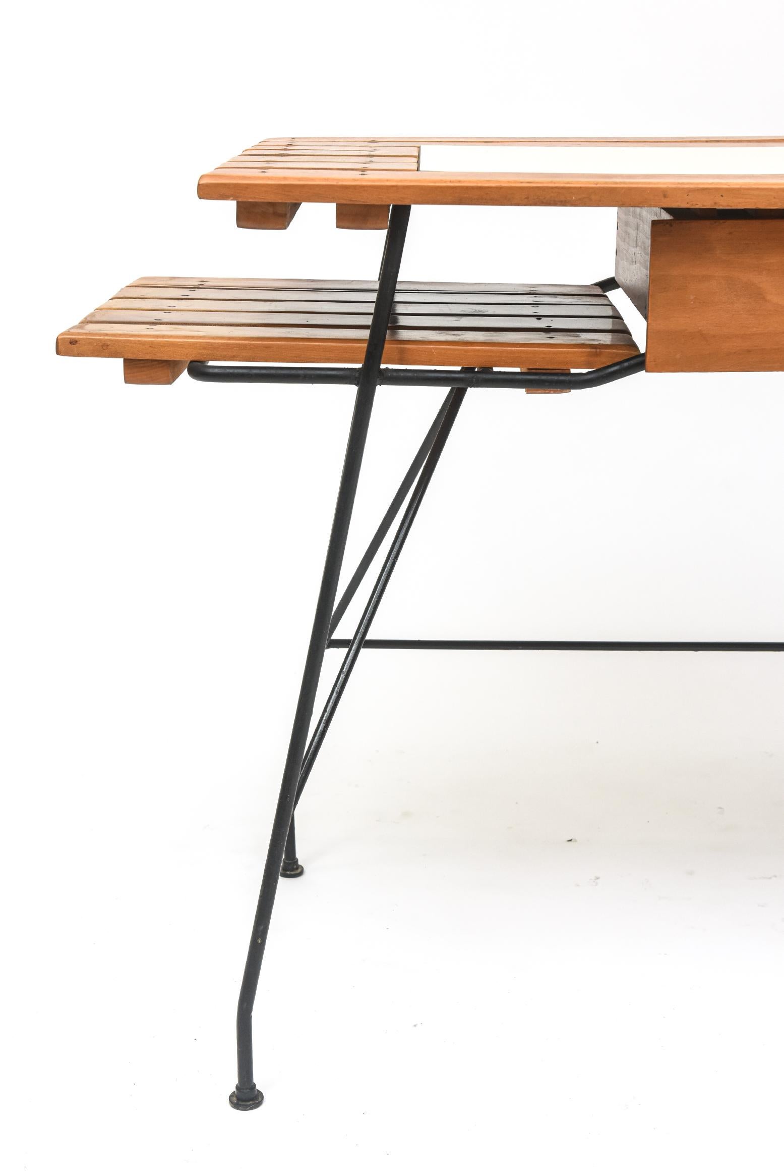 1950s Wrought Iron, Walnut, and Rush Desk by Arthur Umanoff For Sale 2