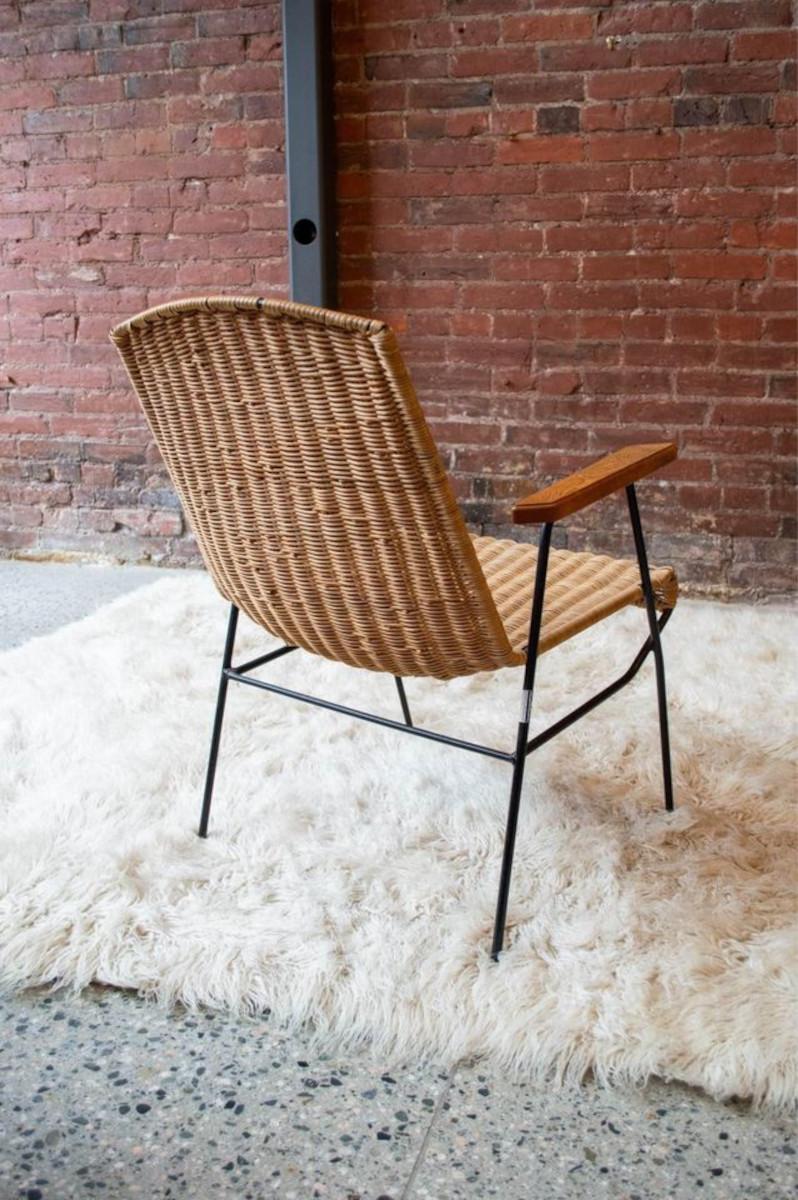Mid-Century Modern 1950s Wrought Iron, Wood, and Rattan Arm Chair For Sale