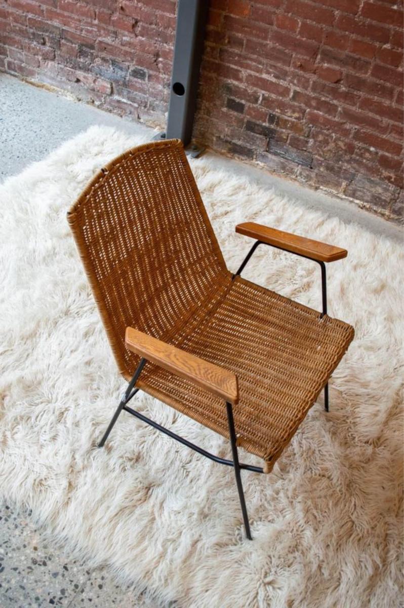 1950s Wrought Iron, Wood, and Rattan Arm Chair In Excellent Condition For Sale In Victoria, BC