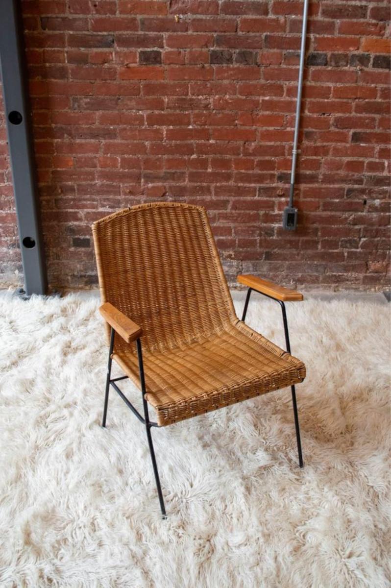 1950s Wrought Iron, Wood, and Rattan Arm Chair For Sale 1