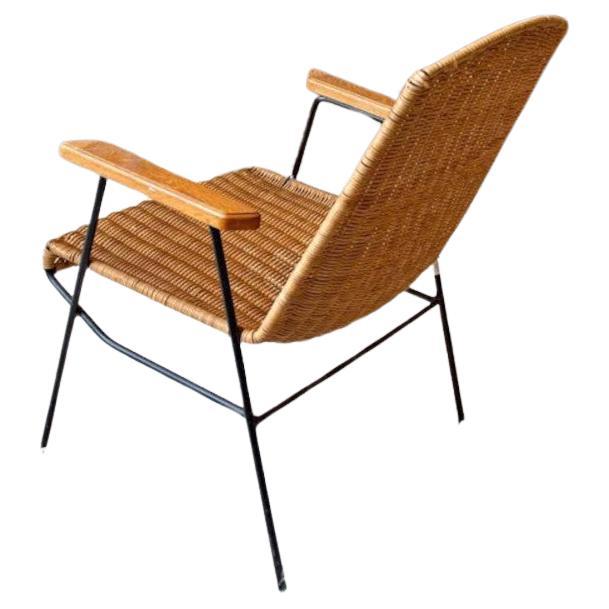 1950s Wrought Iron, Wood, and Rattan Arm Chair