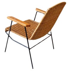 Retro 1950s Wrought Iron, Wood, and Rattan Arm Chair