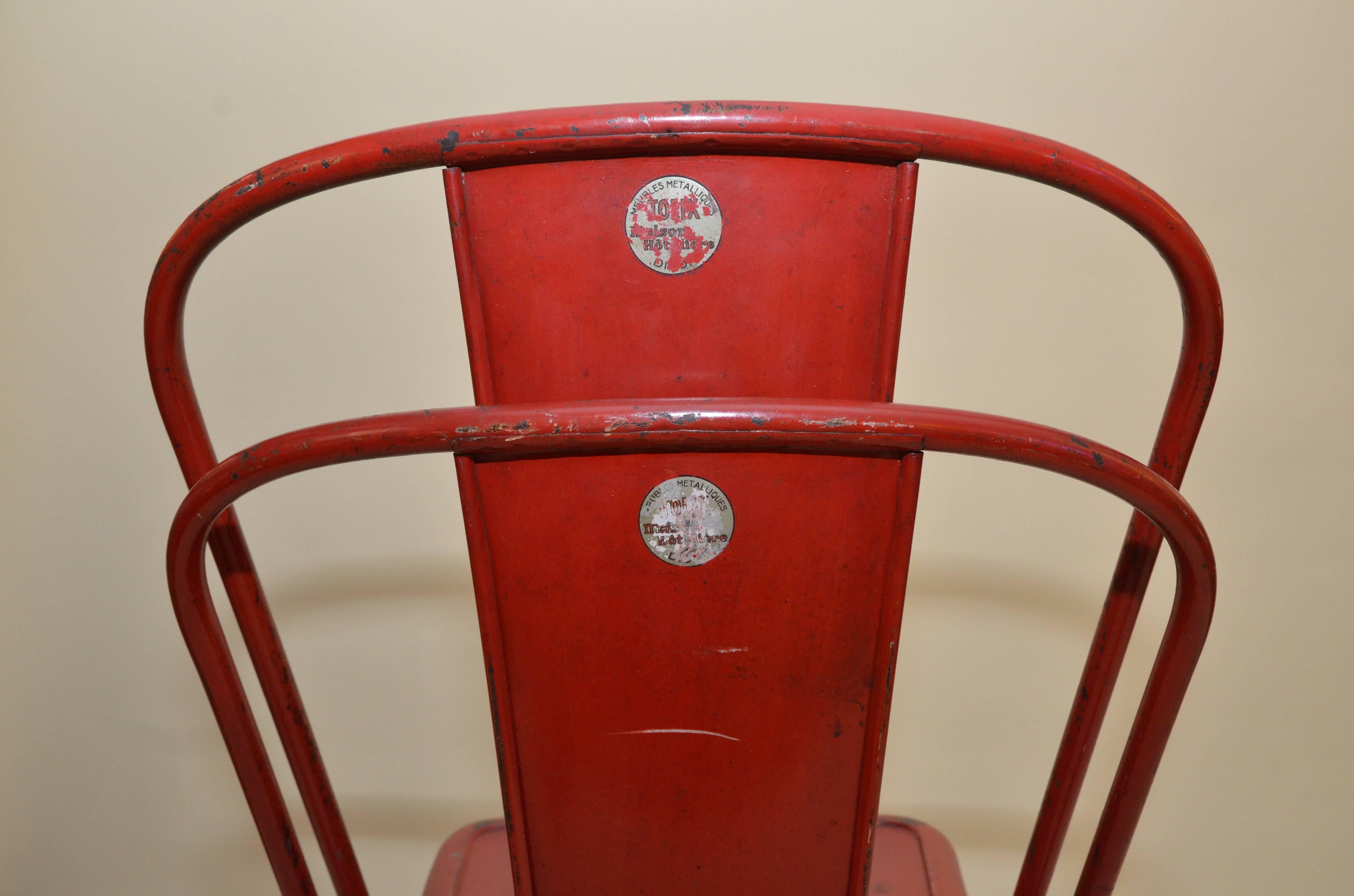 Mid-20th Century 1950s Xavier Pauchard Pair of Industrial Vintage Red Metal French Chairs, Tolix For Sale