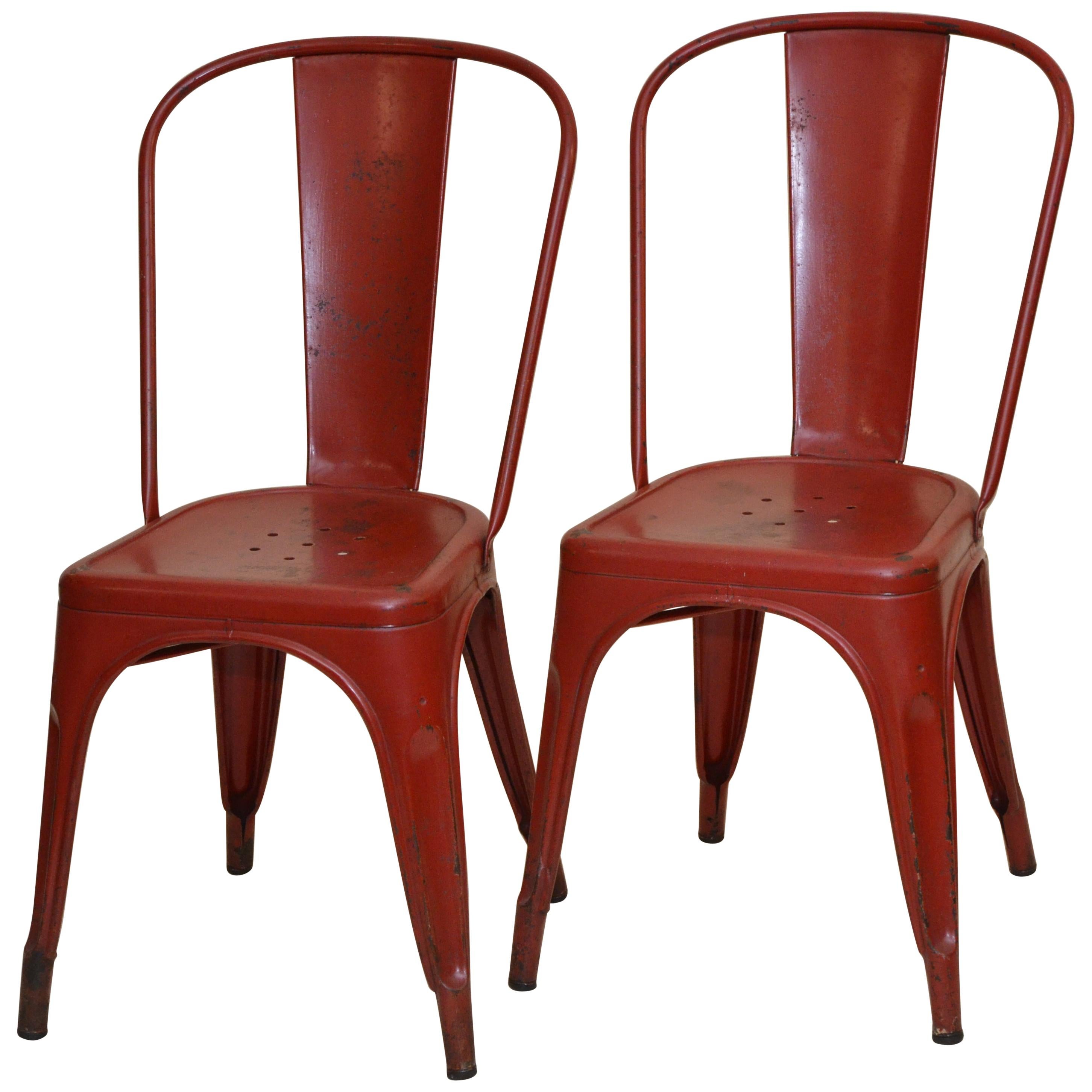 1950s Xavier Pauchard Pair of Industrial Vintage Red Metal French Chairs, Tolix For Sale