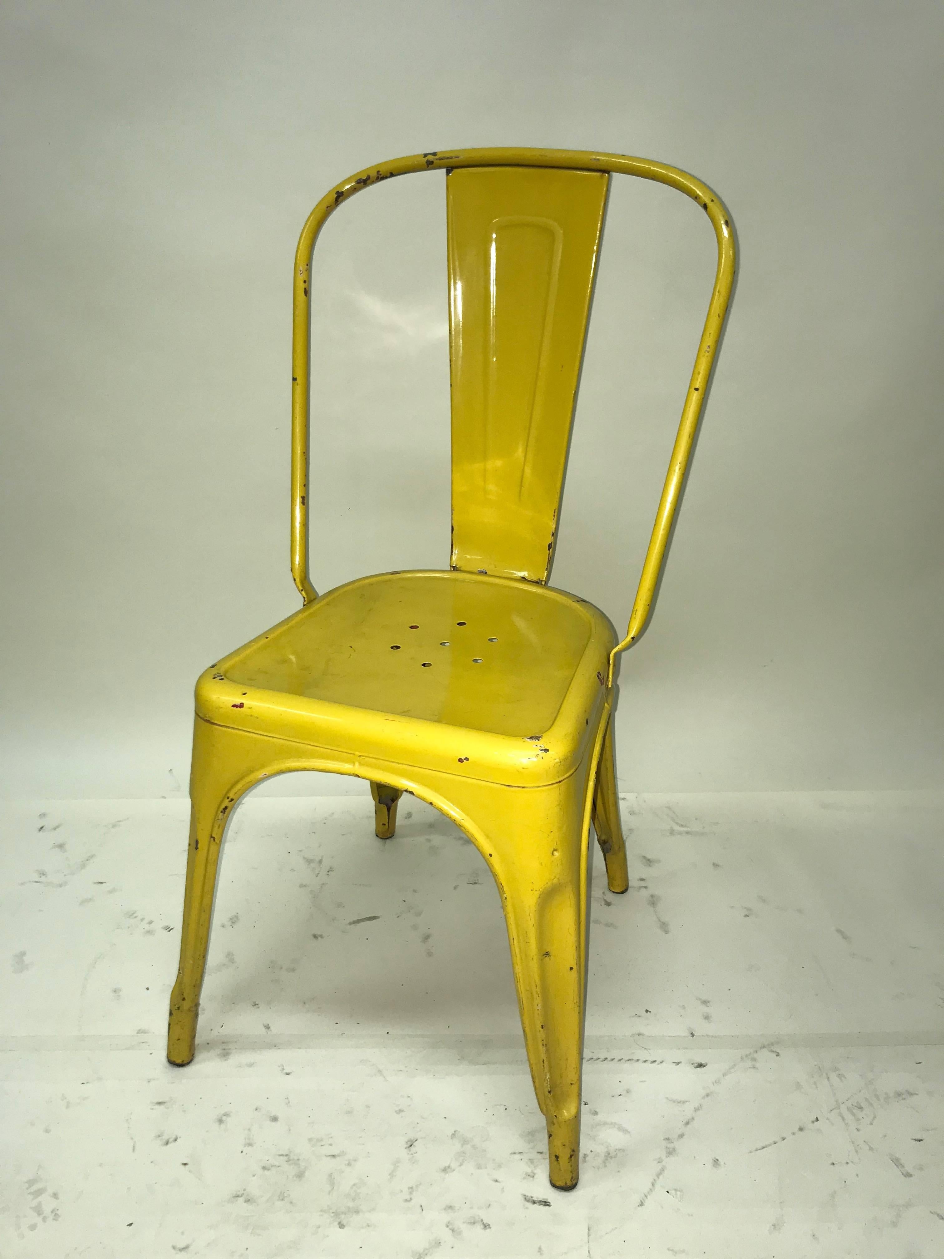 1950s Xavier Pauchard Pair of Industrial Yellow Metal French Chairs, Tolix For Sale 6
