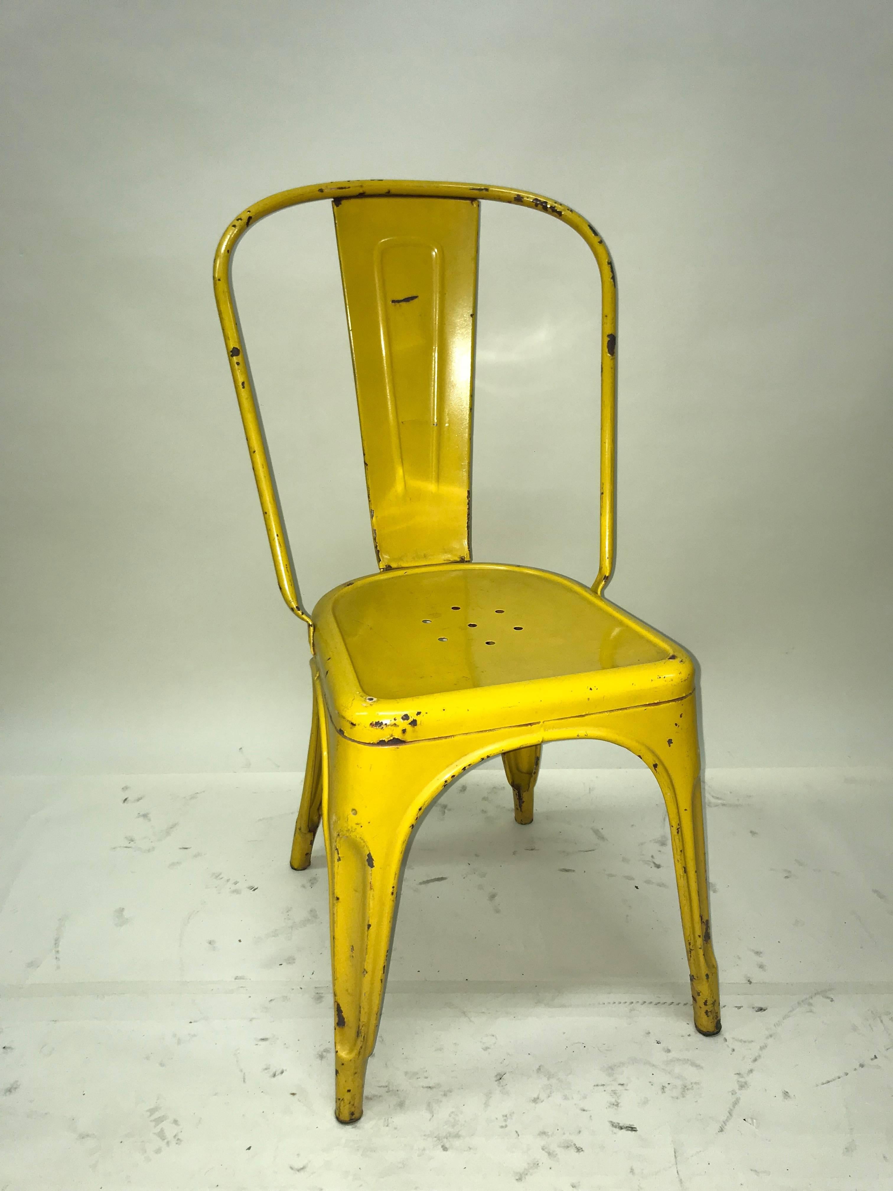 1950s Xavier Pauchard Pair of Industrial Yellow Metal French Chairs, Tolix For Sale 7