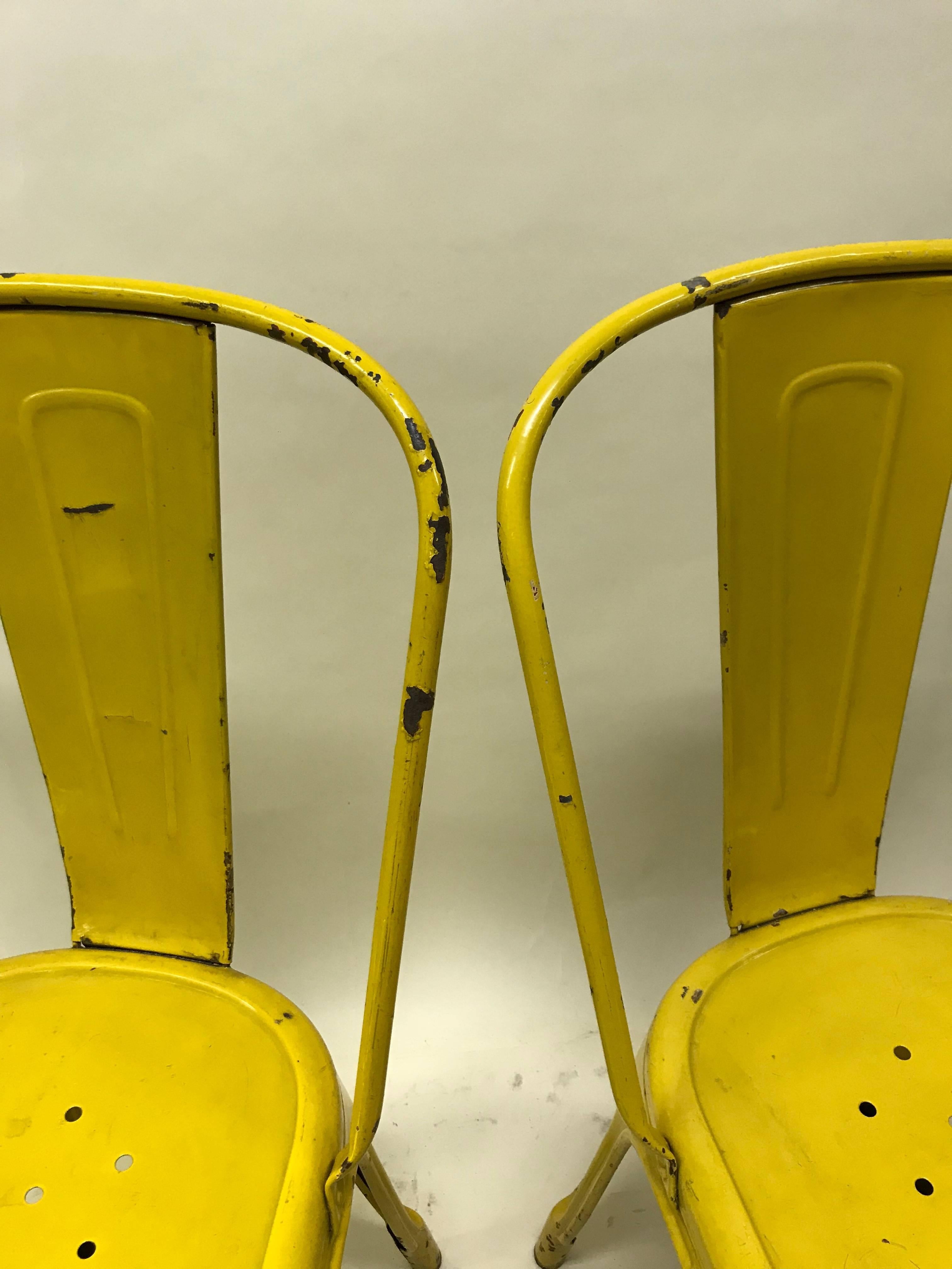 Mid-20th Century 1950s Xavier Pauchard Pair of Industrial Yellow Metal French Chairs, Tolix For Sale