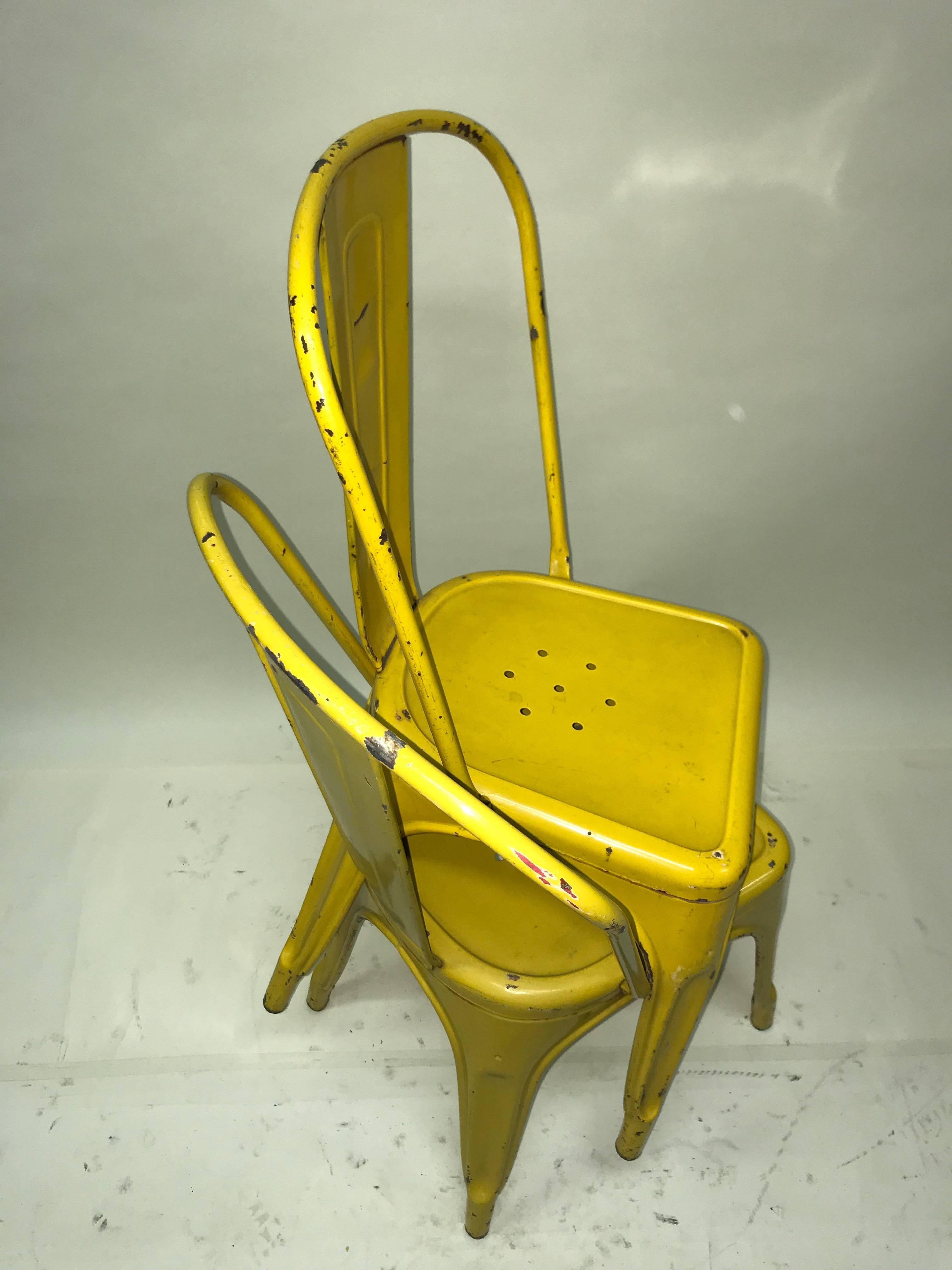 1950s Xavier Pauchard Pair of Industrial Yellow Metal French Chairs, Tolix For Sale 1