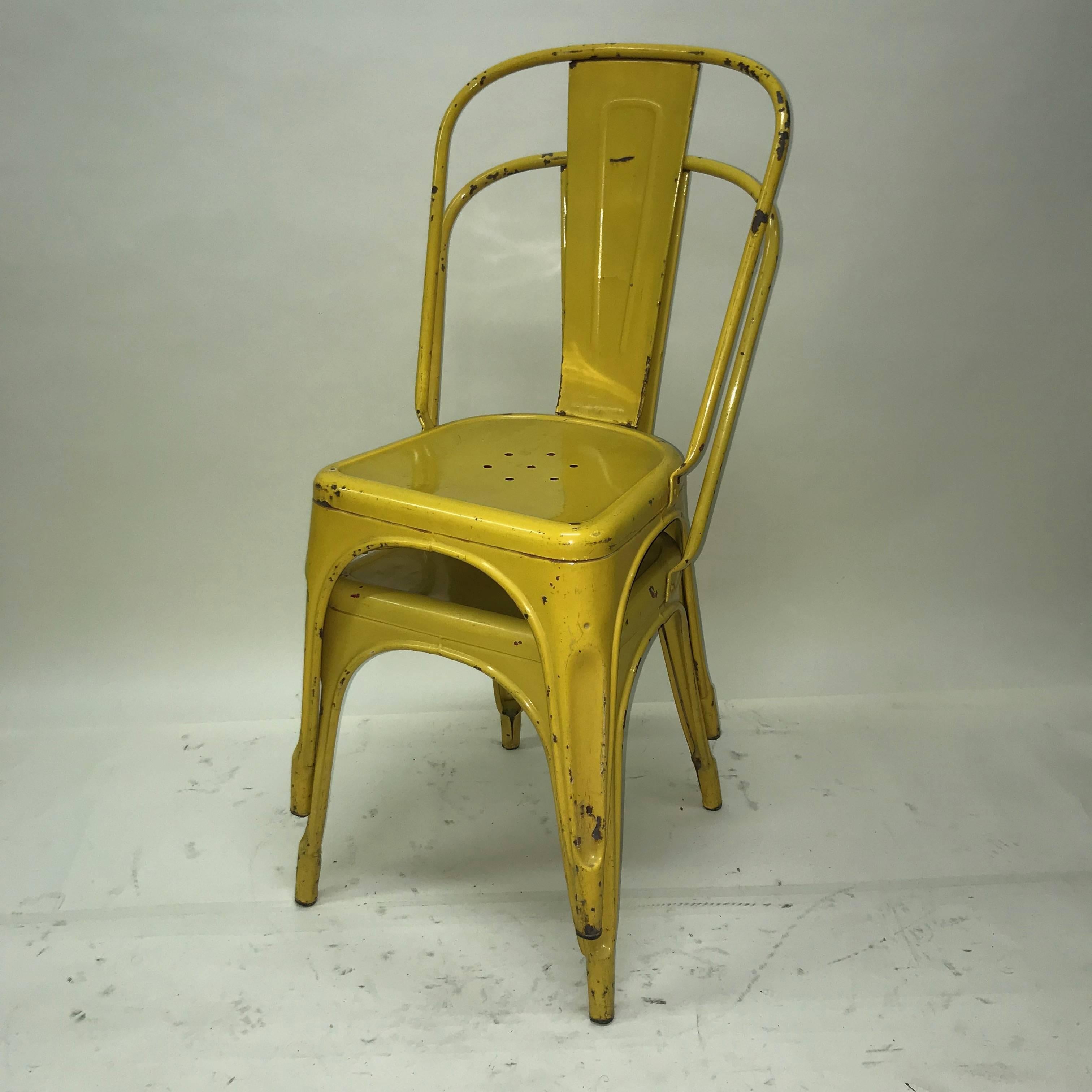 1950s Xavier Pauchard Pair of Industrial Yellow Metal French Chairs, Tolix For Sale 4