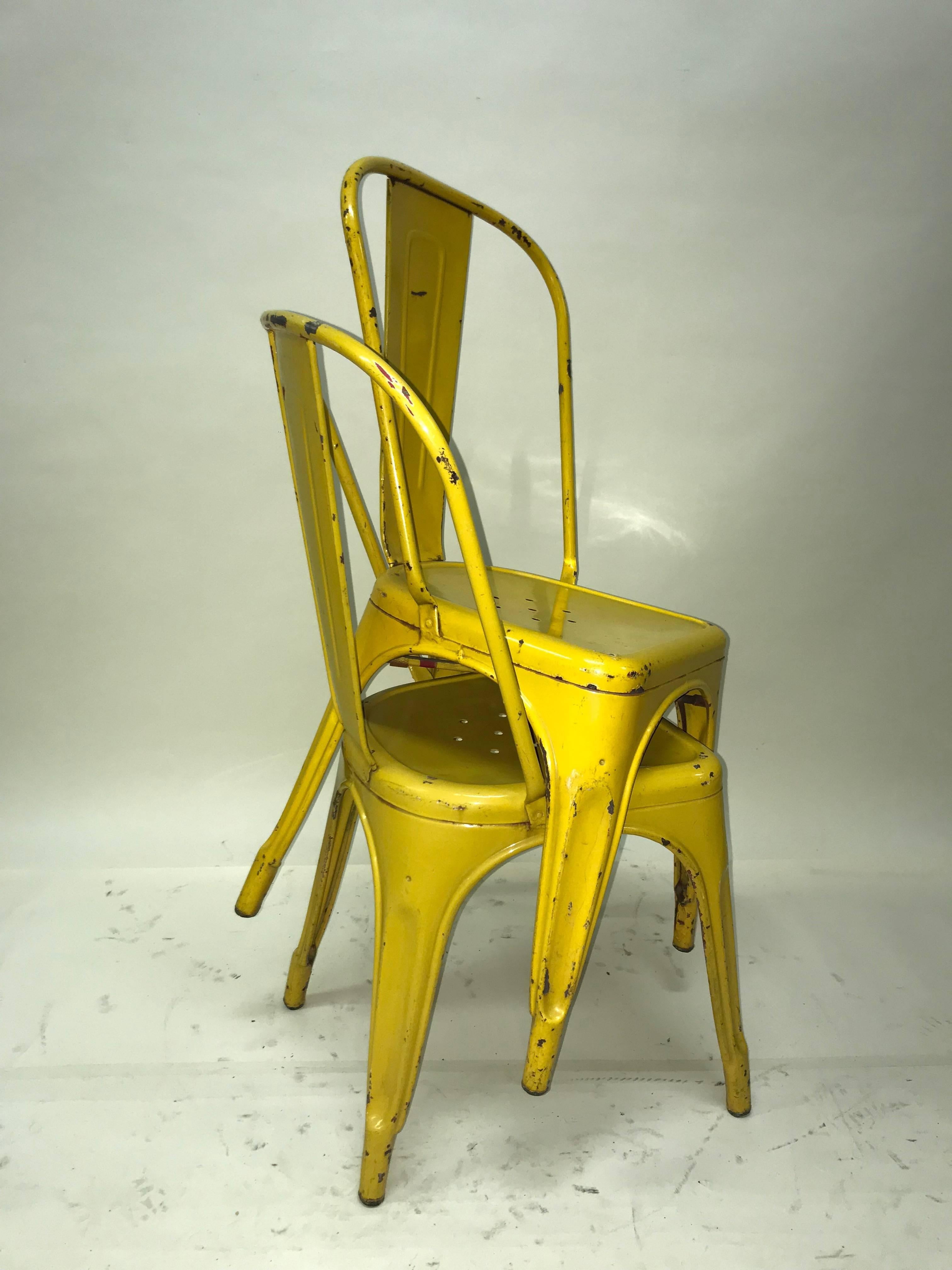 1950s Xavier Pauchard Pair of Industrial Yellow Metal French Chairs, Tolix For Sale 5