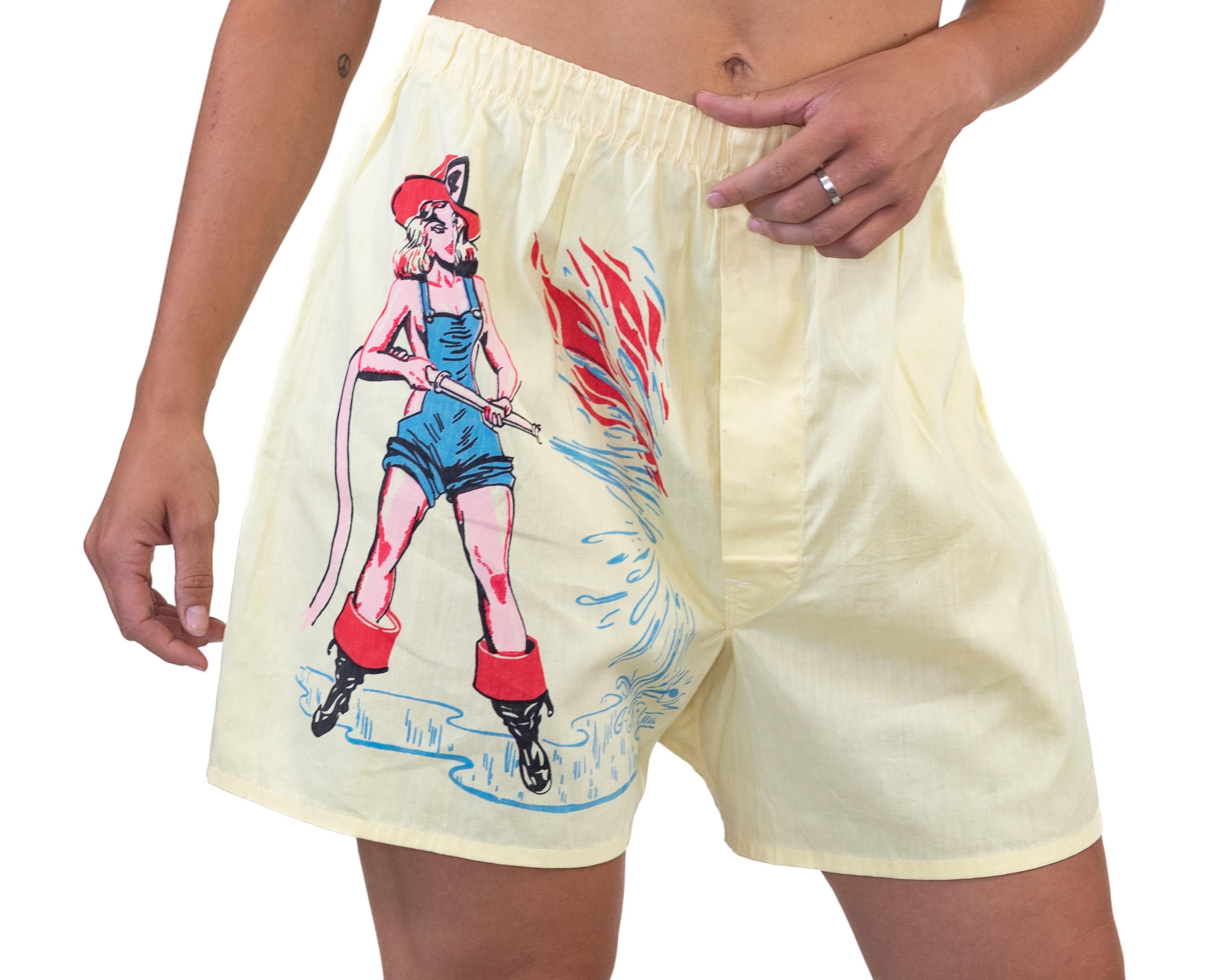 1950S Yellow Cotton Mens Pin-Up Girl Firefighter “Too Hot To Handle” Boxer Shorts