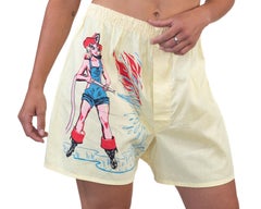 1950S Yellow Cotton Mens Pin-Up Girl Firefighter “Too Hot To Handle” Boxer Shor