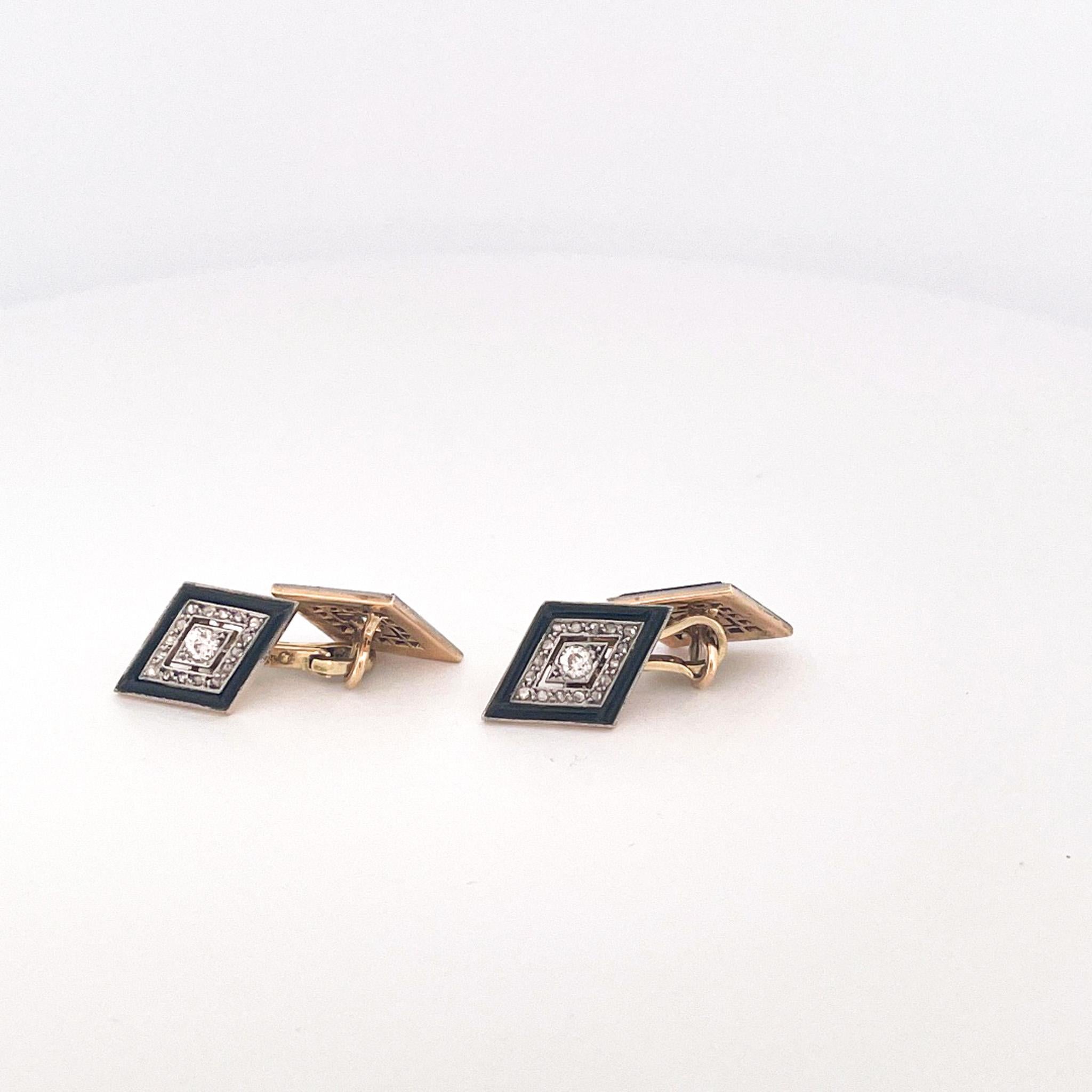 1950s Yellow Gold Black Jade & Diamond Cufflinks In Excellent Condition For Sale In Dallas, TX