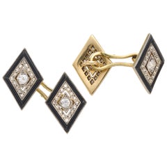 Vintage 1950s Yellow Gold Black Jade & Diamond Cufflinks