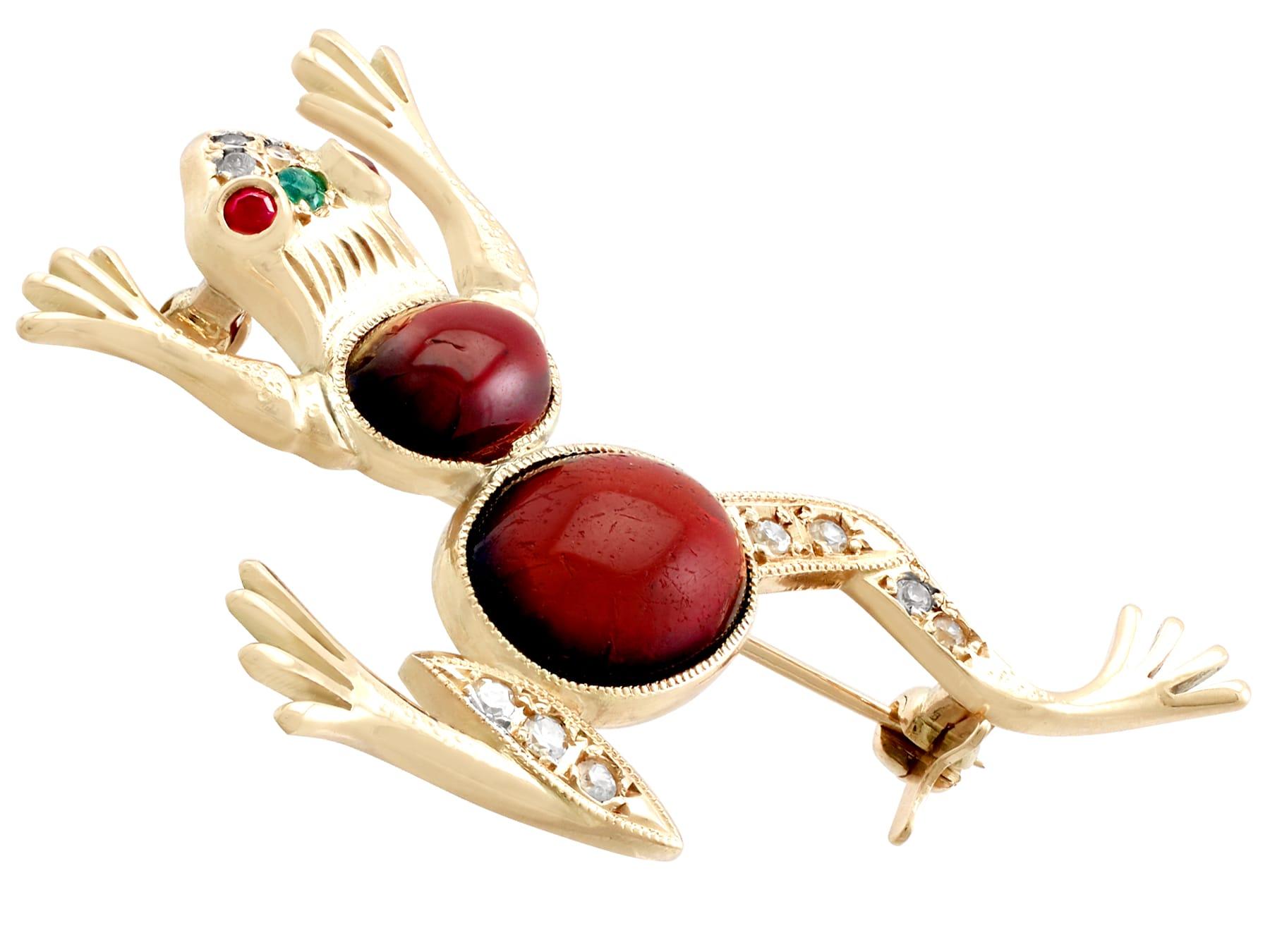 Retro 1950s Yellow Gold Cabochon Cut Frog Brooch with Emerald Ruby Garnet and Diamond For Sale