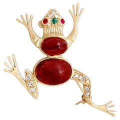 Broche de oro amarillo de los años 50 Rana talla cabujón con esmeralda, rubí, granate y diamante