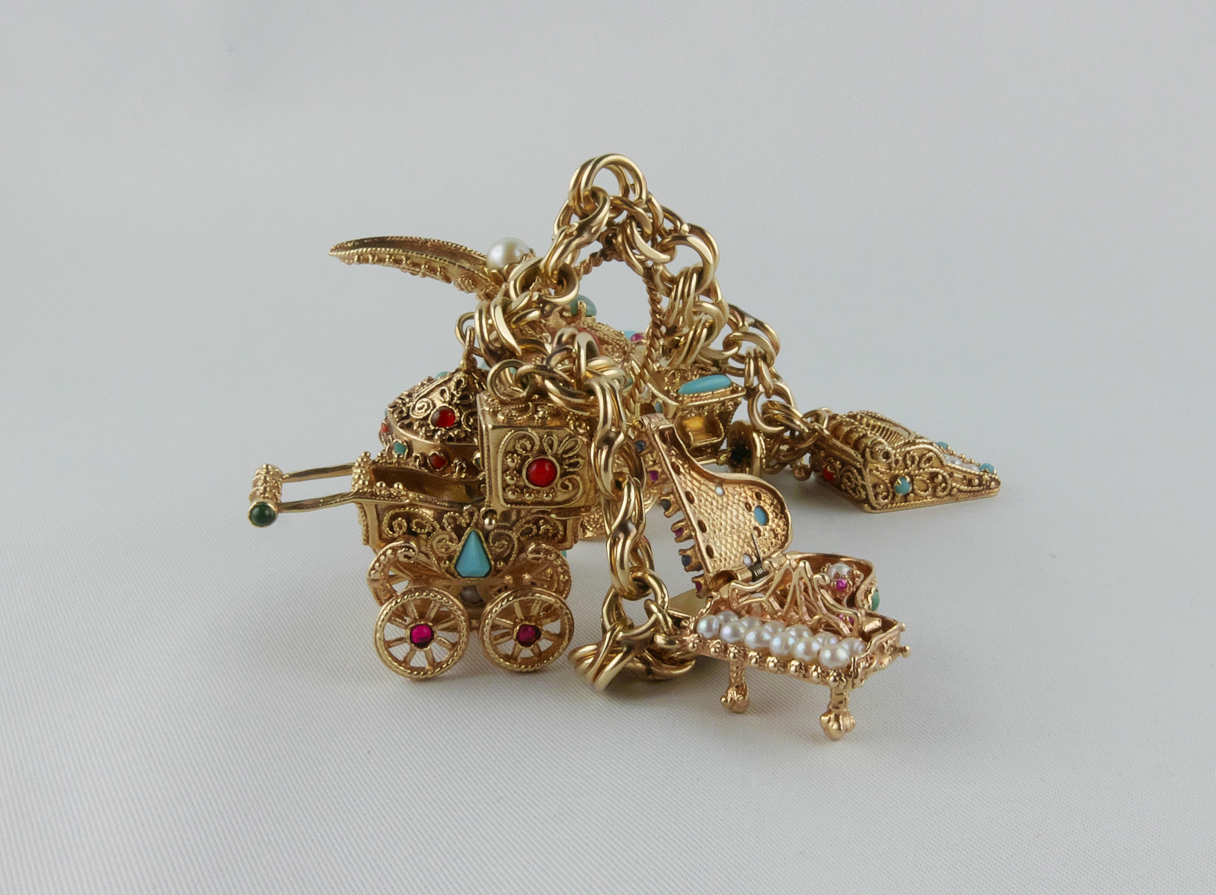 Mixed Cut 1950s Yellow Gold Charms Bracelet For Sale