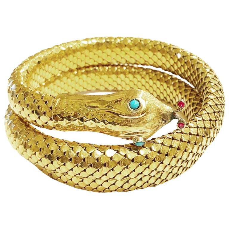 1950s 18k Yellow Gold Snake Serpent Flexible Bangle Bracelet For Sale at  1stDibs