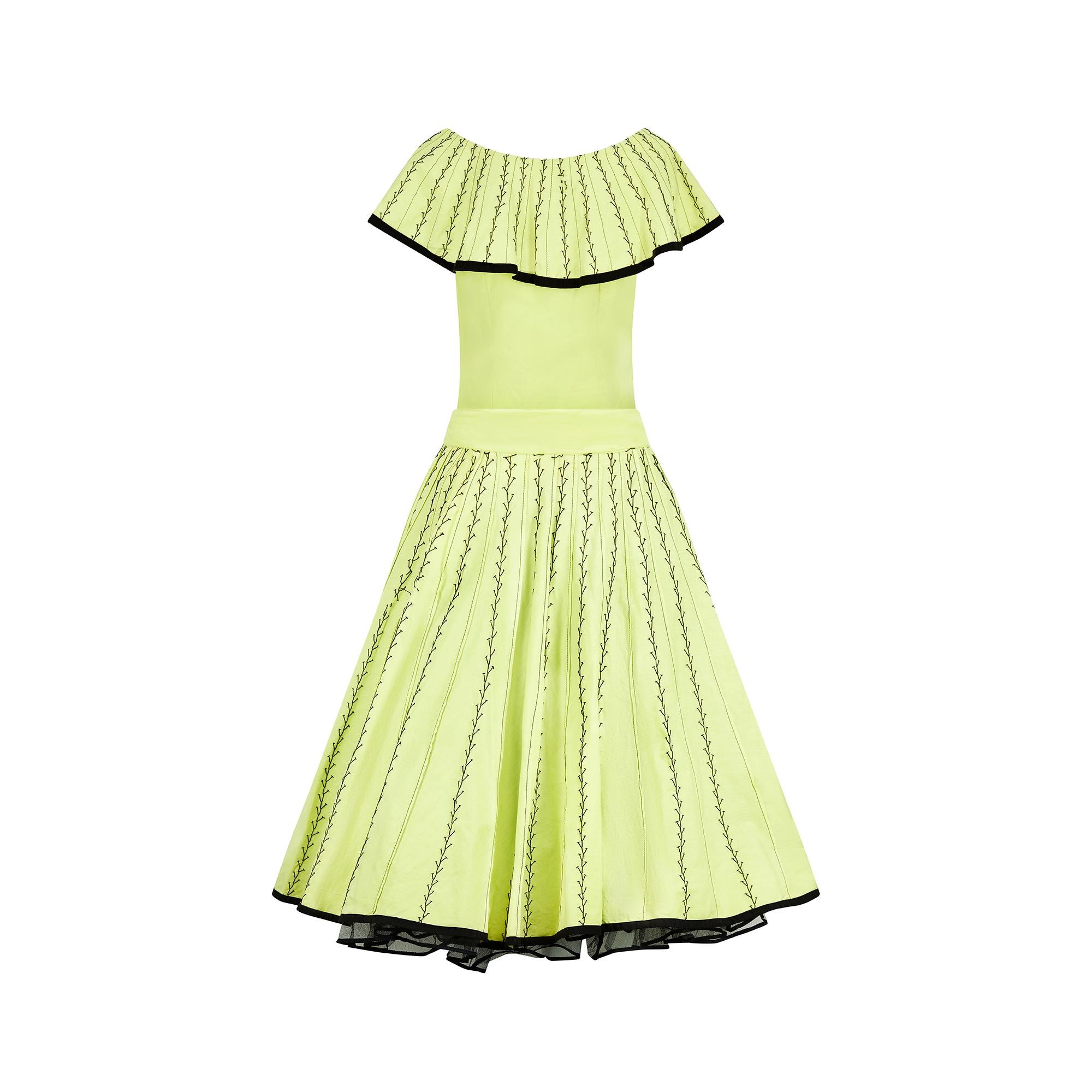 Green 1950s Yellow Mexican Ensemble with Black Embroidery For Sale