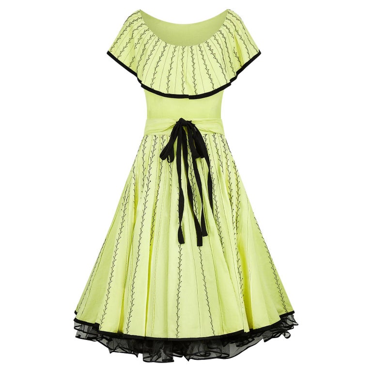 sachin and babi light blue dress 1950s Yellow Mexican Ensemble with Black Embroidery For Sale at 1stDibs