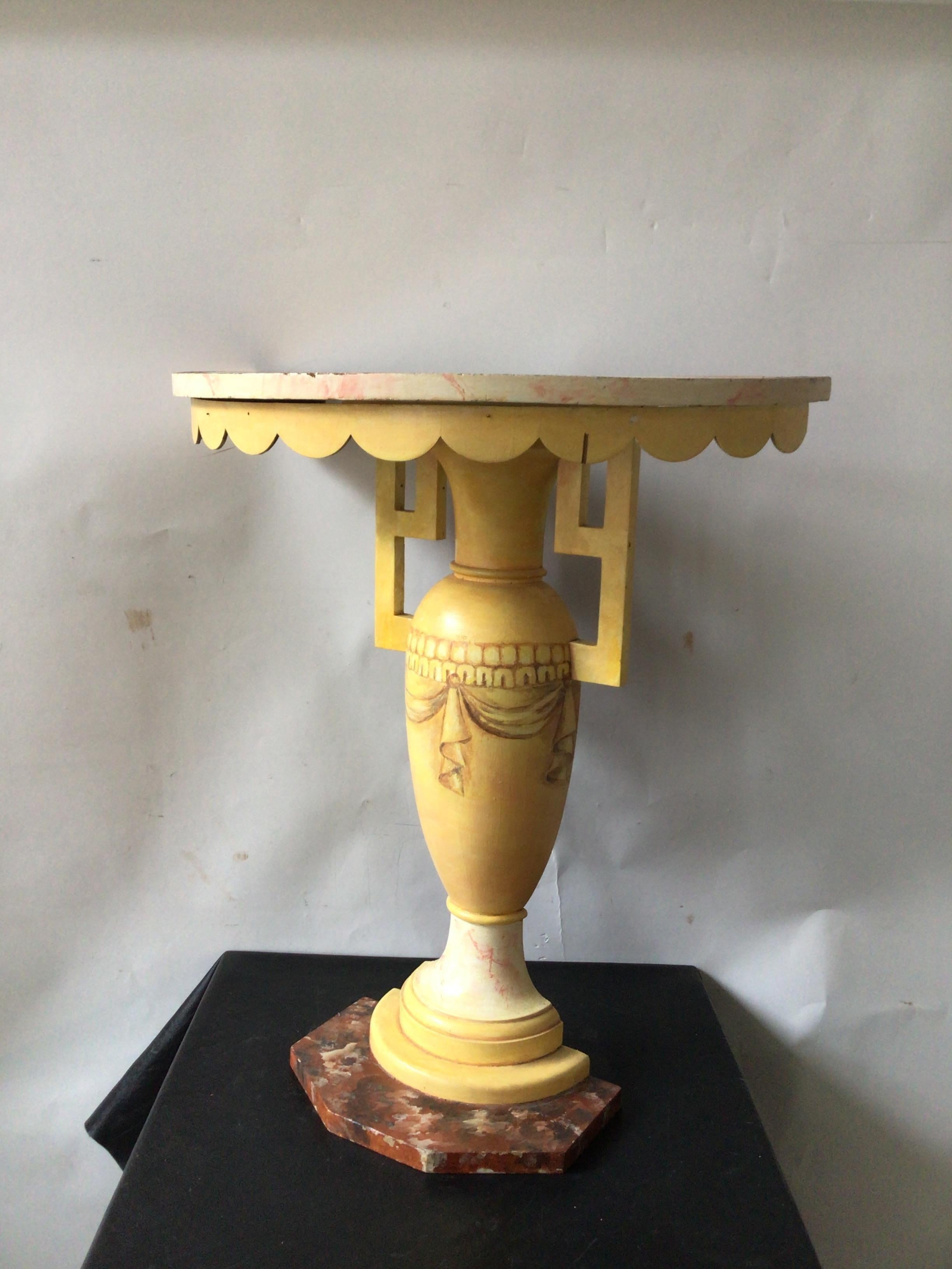 1950s Hand Painted wood demilune urn console.