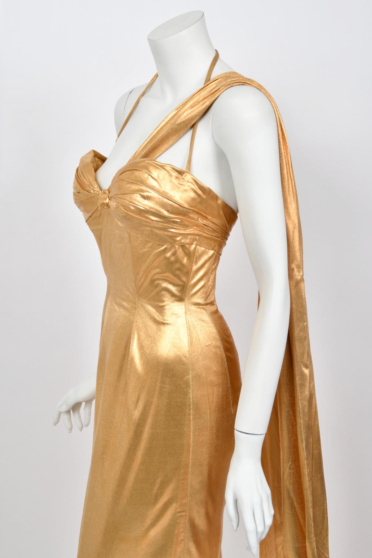 1950s Yma Sumac Couture Old Hollywood Metallic Gold Lamè Hourglass Trained Dress For Sale 6