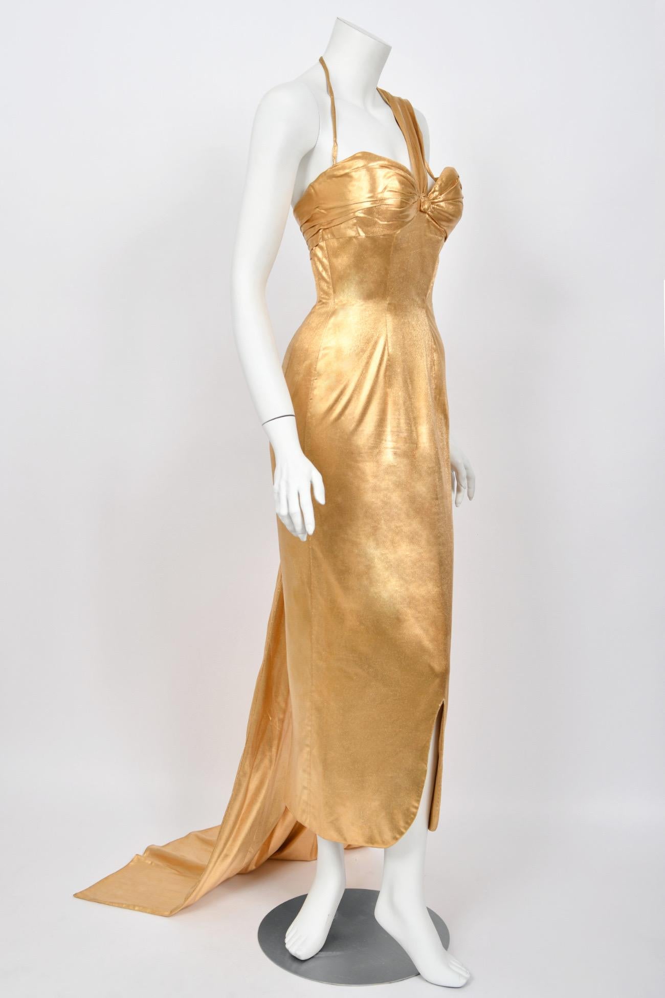 1950s Yma Sumac Couture Old Hollywood Metallic Gold Lamè Hourglass Trained Dress For Sale 7