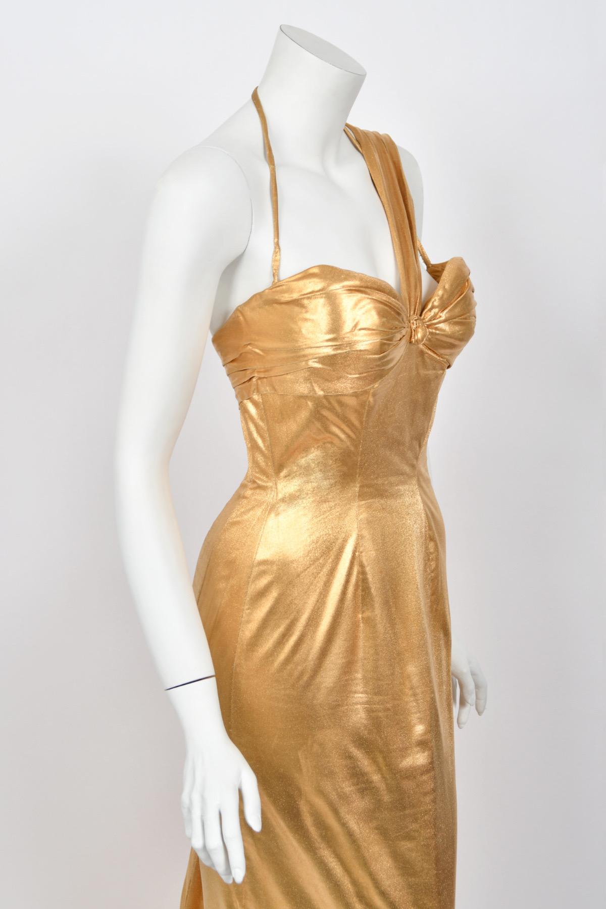 1950s Yma Sumac Couture Old Hollywood Metallic Gold Lamè Hourglass Trained Dress For Sale 8