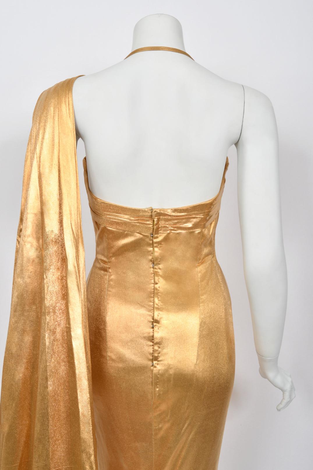 1950s Yma Sumac Couture Old Hollywood Metallic Gold Lamè Hourglass Trained Dress For Sale 10
