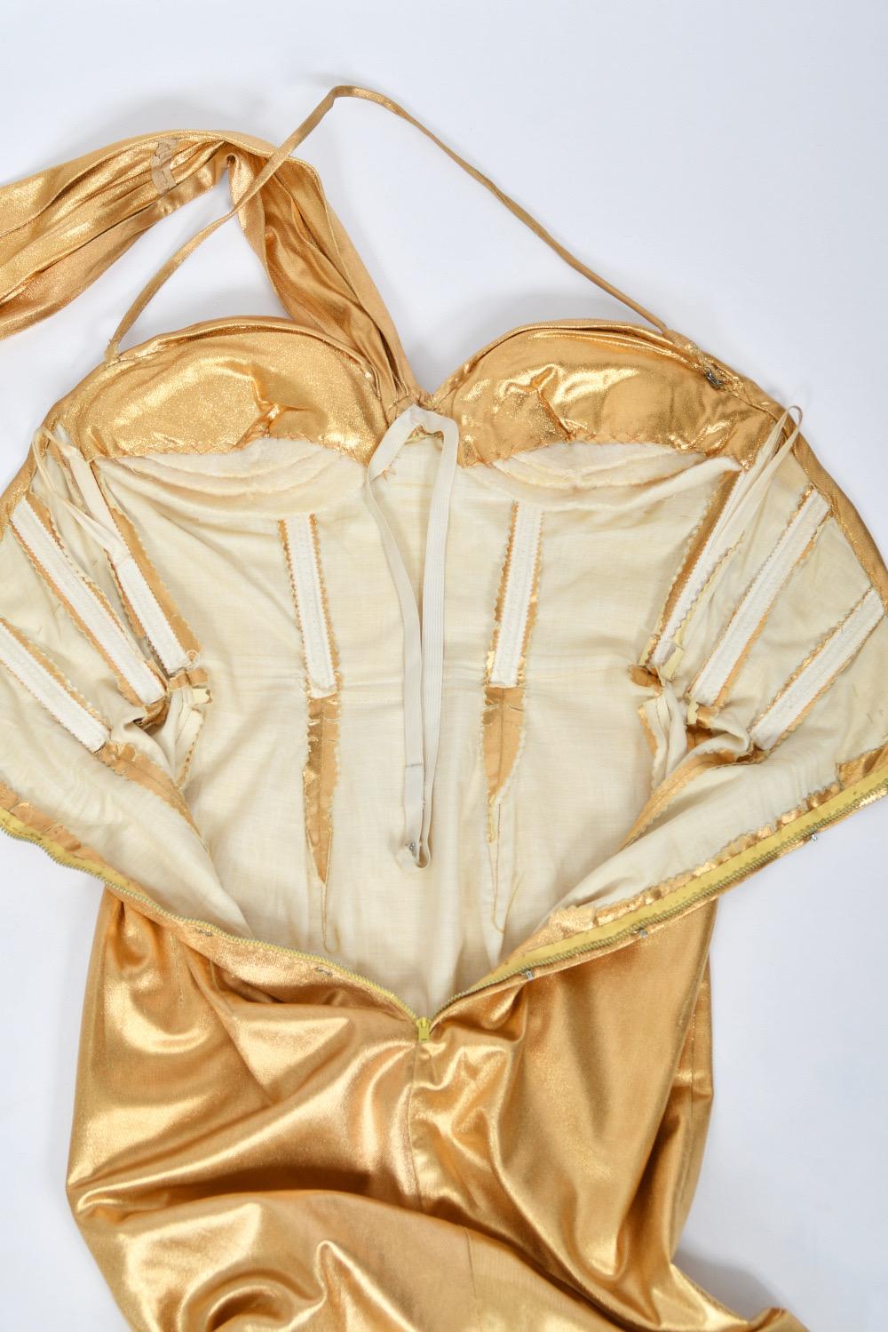 1950s Yma Sumac Couture Old Hollywood Metallic Gold Lamè Hourglass Trained Dress For Sale 11