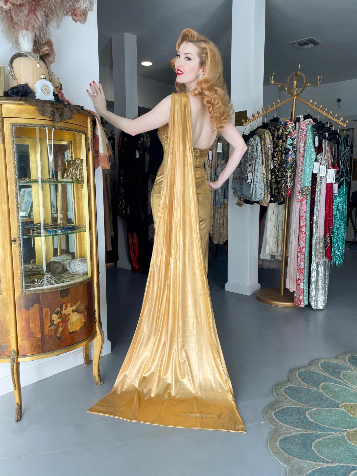 1950s Yma Sumac Couture Old Hollywood Metallic Gold Lamè Hourglass Trained Dress For Sale 13