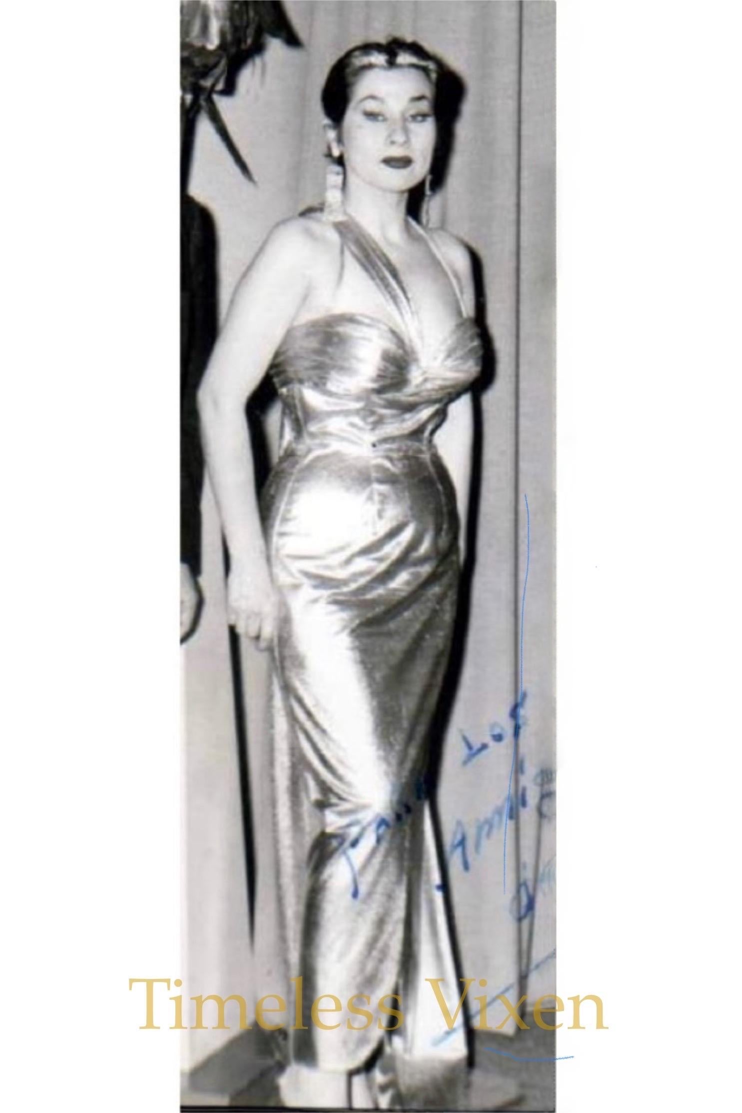 1950s Yma Sumac Couture Old Hollywood Metallic Gold Lamè Hourglass Trained Dress For Sale 1