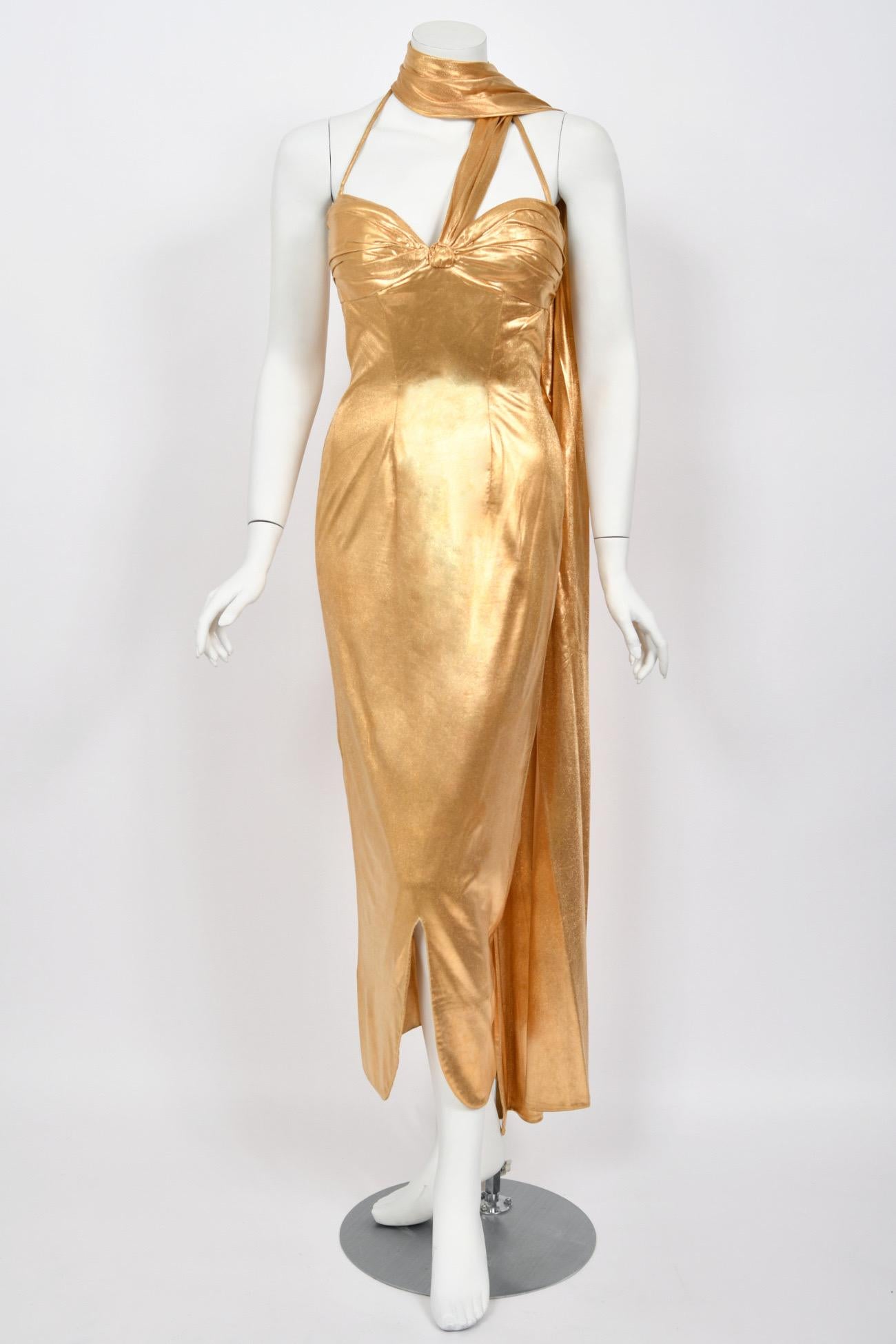 1950s Yma Sumac Couture Old Hollywood Metallic Gold Lamè Hourglass Trained Dress For Sale 2