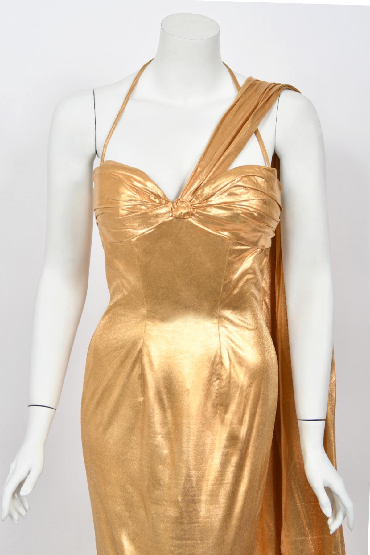 1950s Yma Sumac Couture Old Hollywood Metallic Gold Lamè Hourglass Trained Dress For Sale 3
