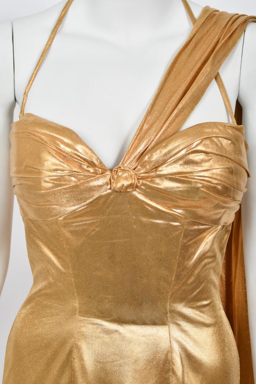 1950s Yma Sumac Couture Old Hollywood Metallic Gold Lamè Hourglass Trained Dress For Sale 4