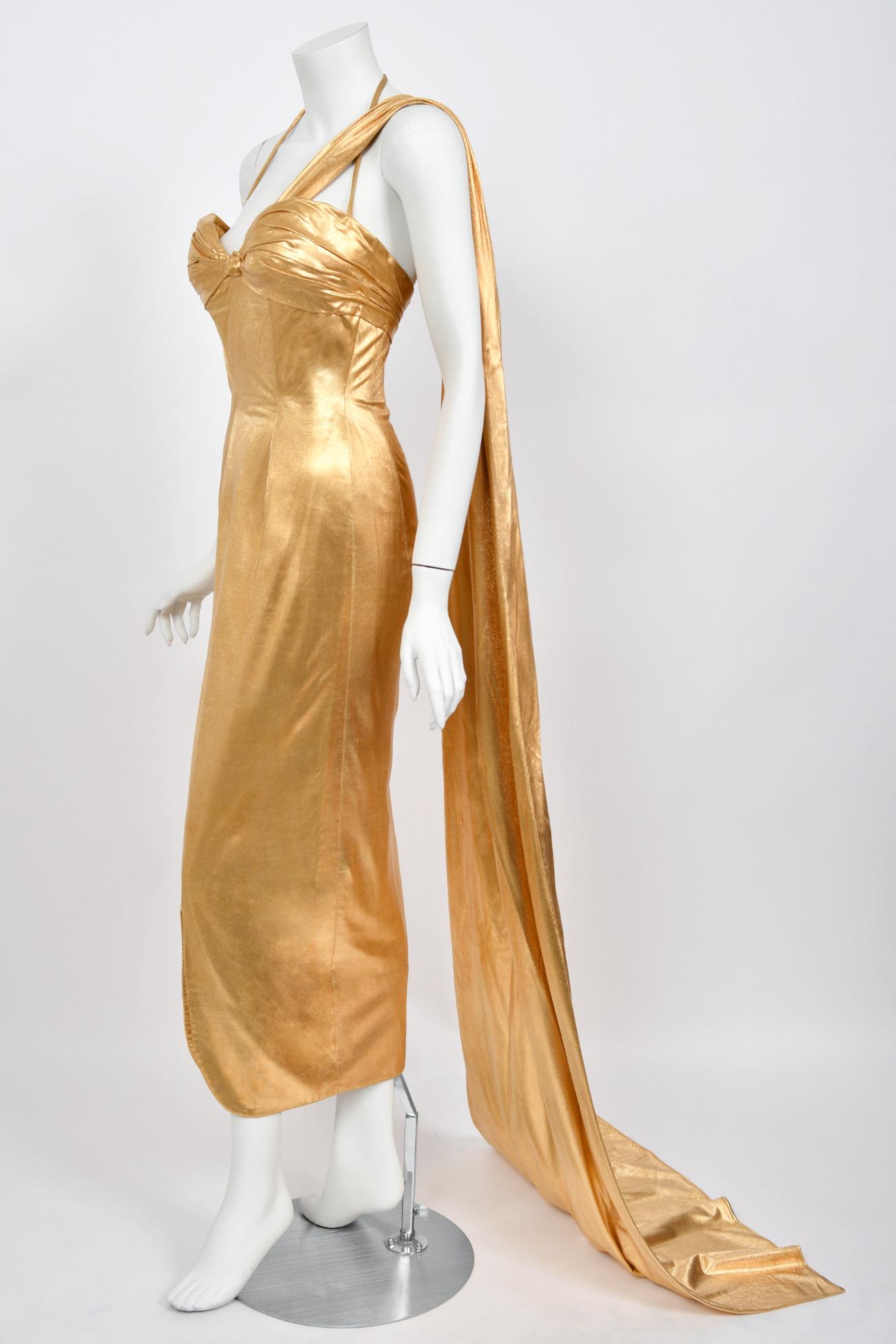 1950s Yma Sumac Couture Old Hollywood Metallic Gold Lamè Hourglass Trained Dress For Sale 5