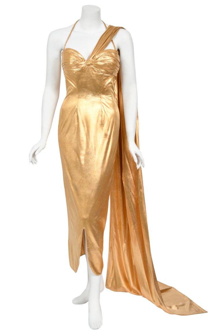 1950s Yma Sumac Couture Old Hollywood Metallic Gold Lam Hourglass Trained  Dress For Sale at 1stDibs