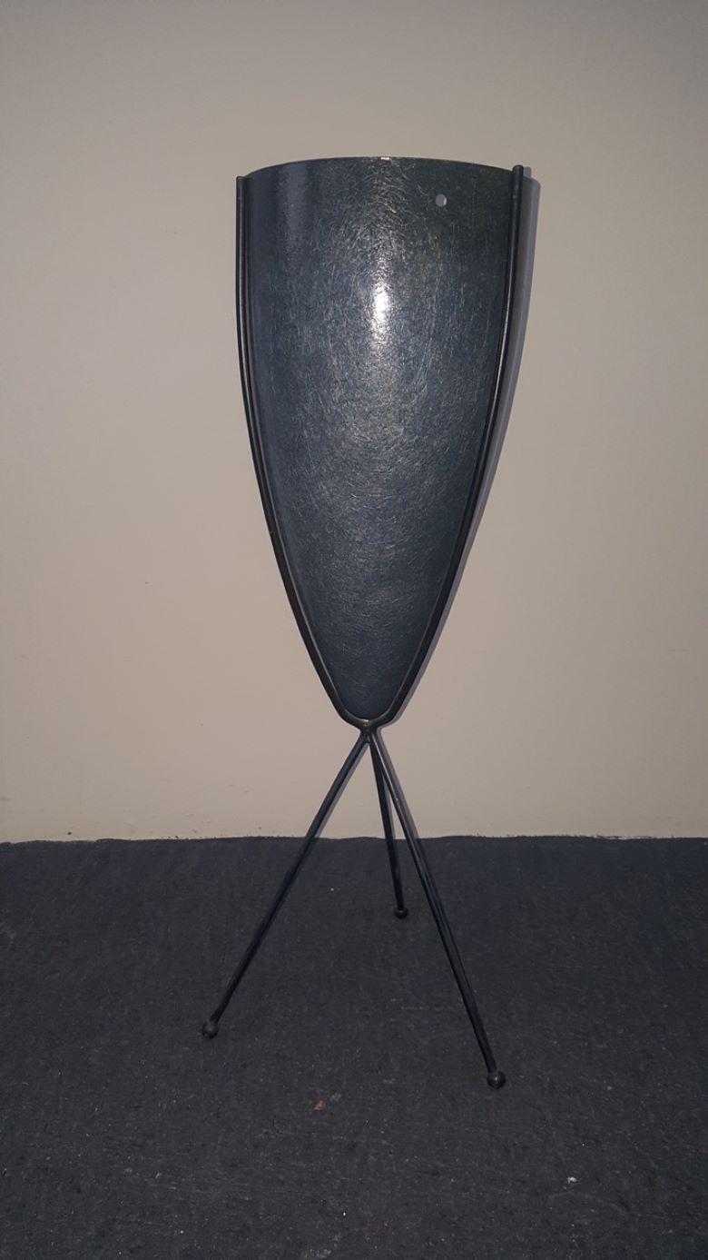 1950s Zenith Elephant Gray Fiberglass Bullet Planter with Iron Tripod Stand MCM For Sale 12