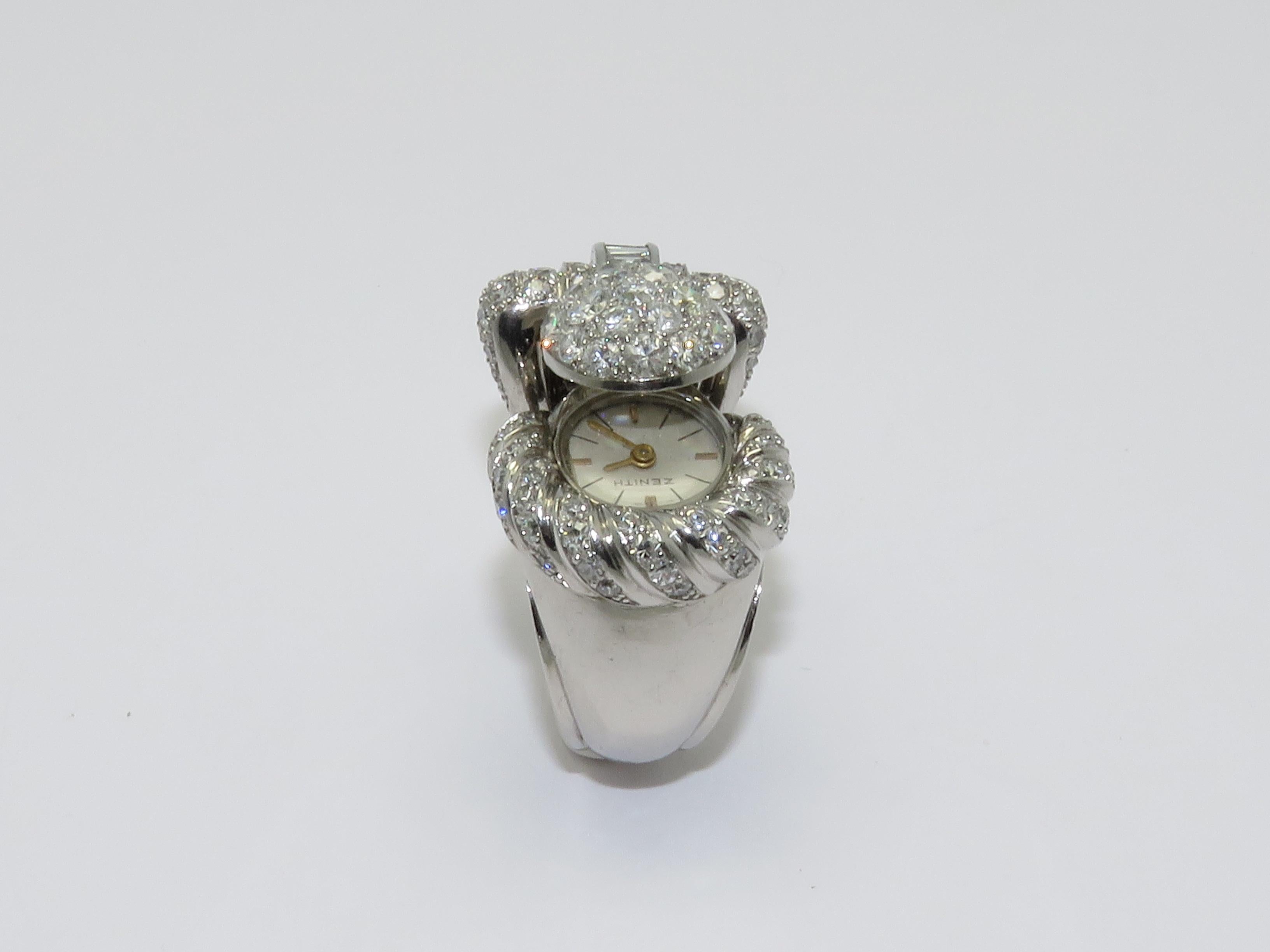 1950s Zenith Platinum Diamond Watch Ring In Good Condition For Sale In Beziers, FR